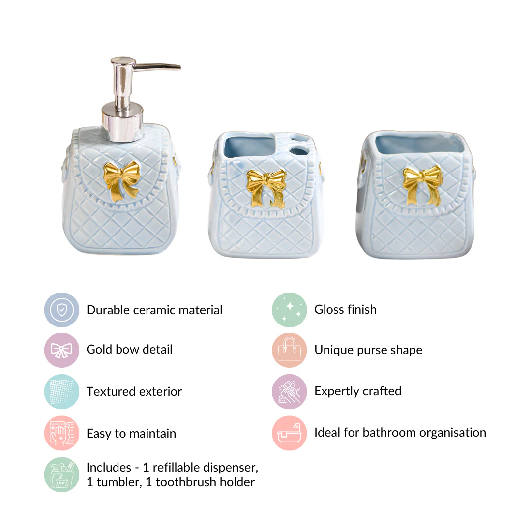 Bow Detail Blue Ceramic Bath Accessories Set Of 3 - Image 5