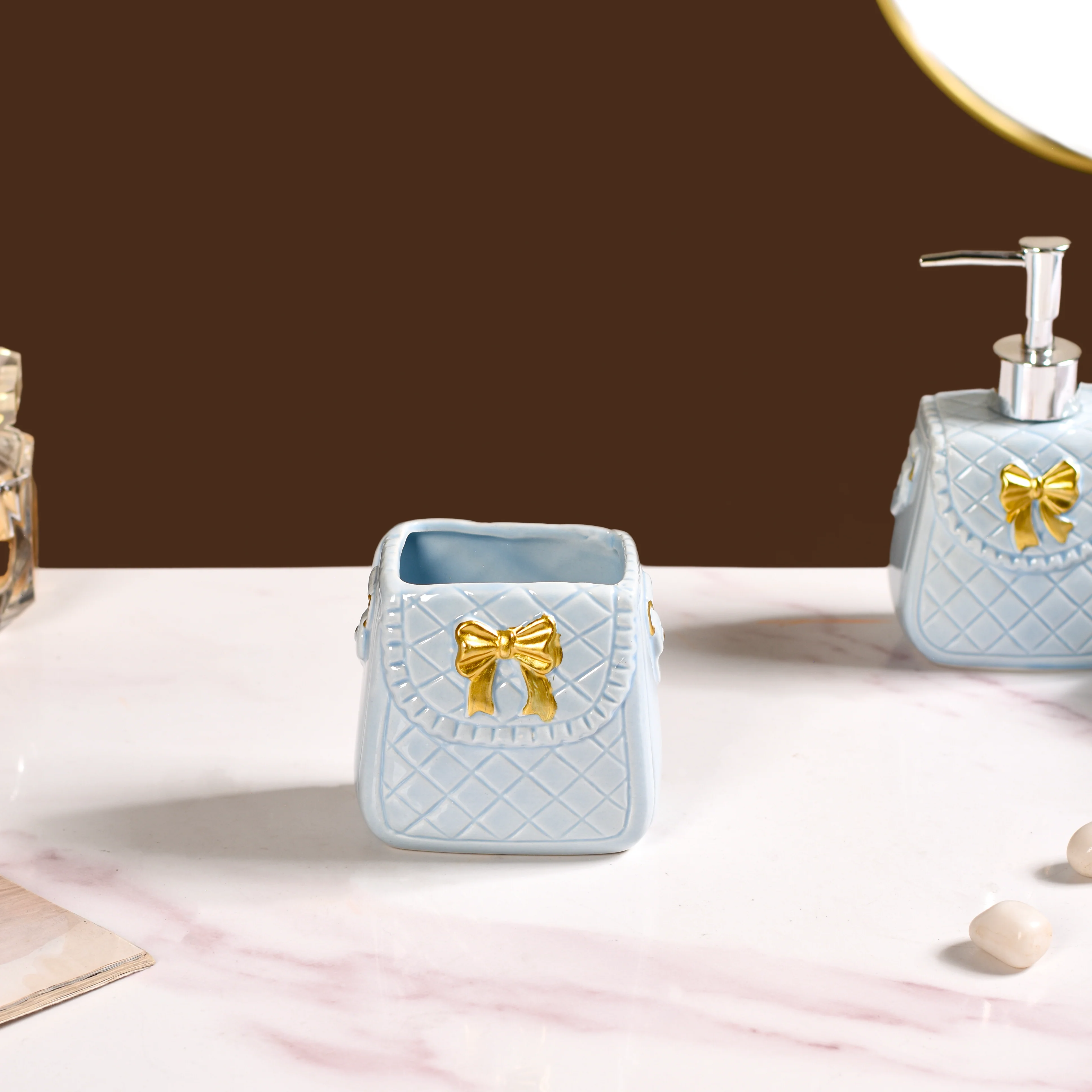 Bow Detail Blue Ceramic Bath Accessories Set Of 3 - Image 8