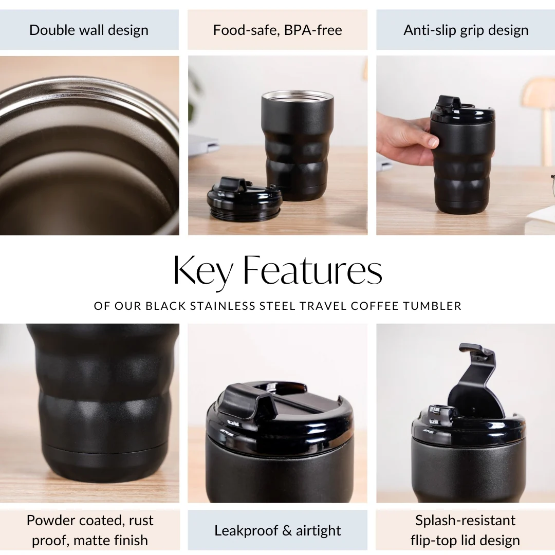 Brewster Stainless Steel Spill Proof Coffee Tumbler Black Noir 350ml - Image 7