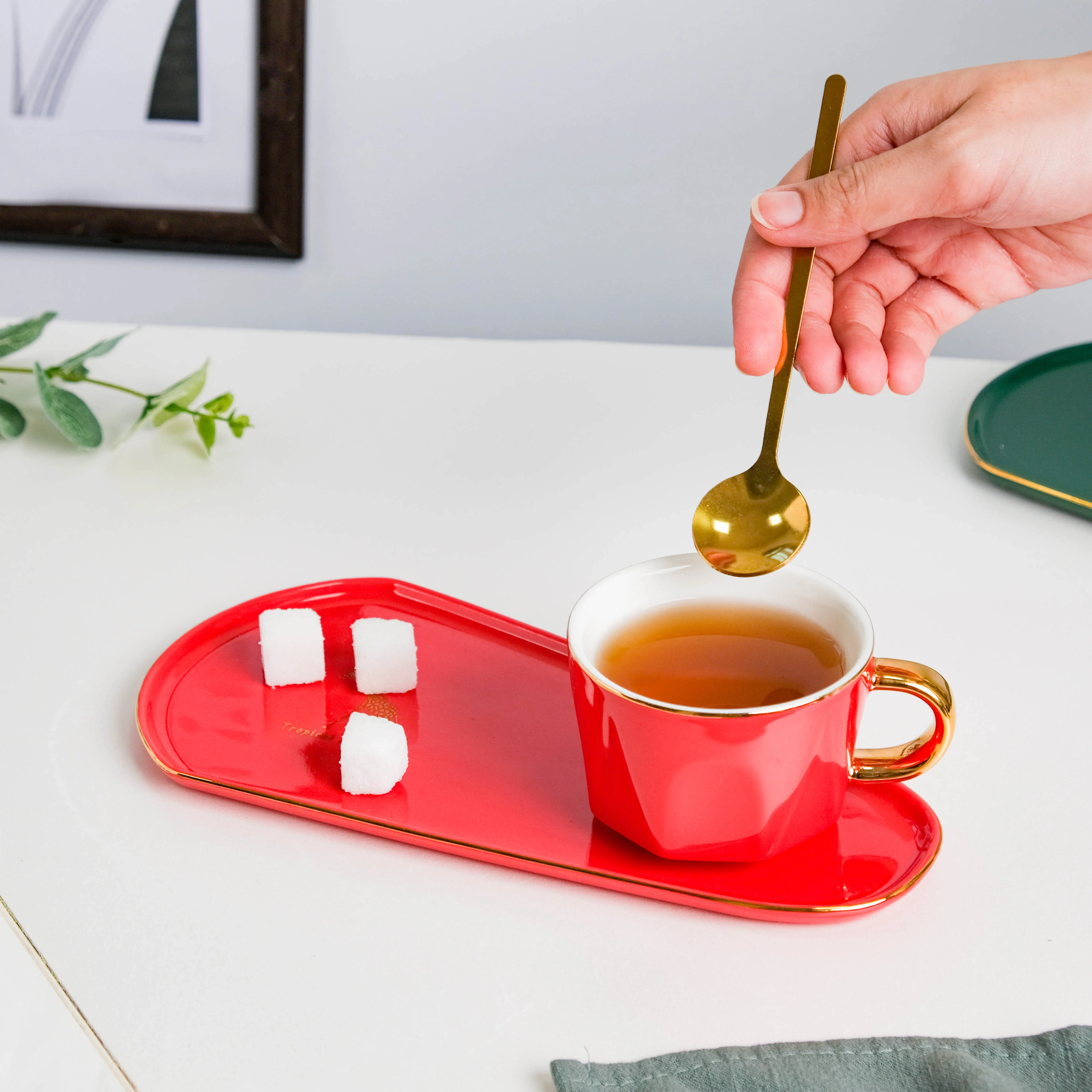 Brewtiful Glazed Ceramic Cup and Tray Set Red 150 ml - Image 2