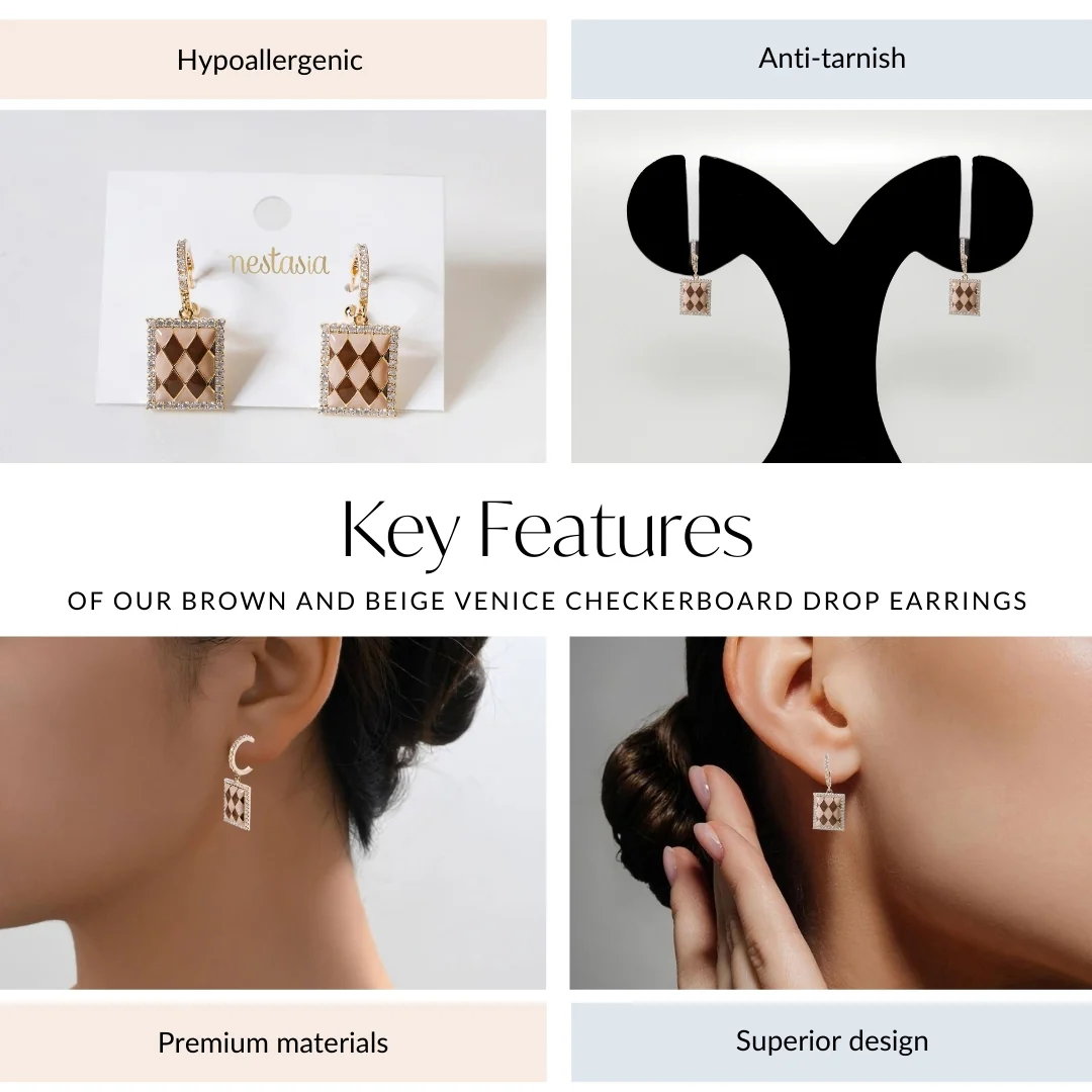 Brown And Beige Venice Checkerboard Drop Earrings - Image 4