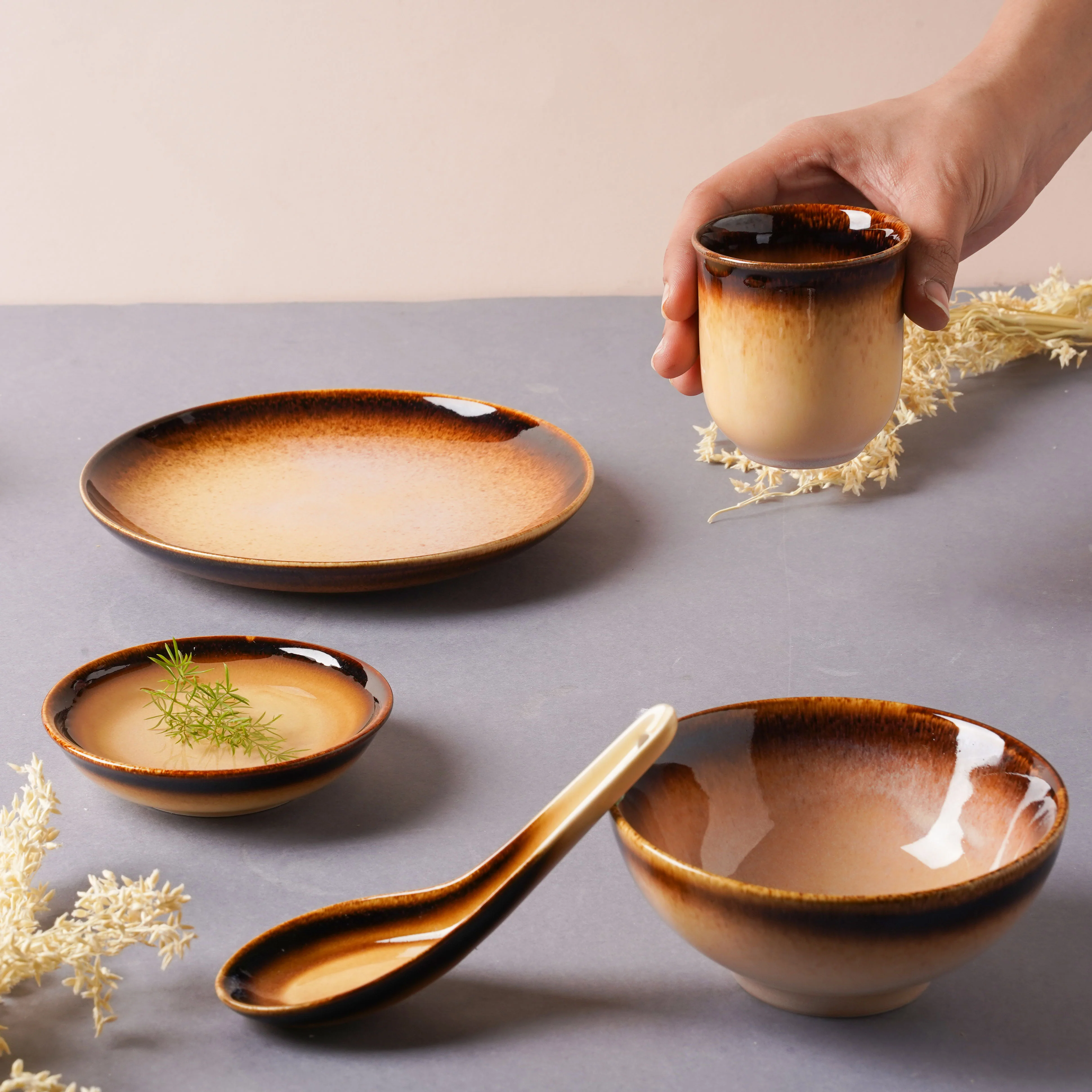 Brown Ceramic dinner set components For One - Image 2