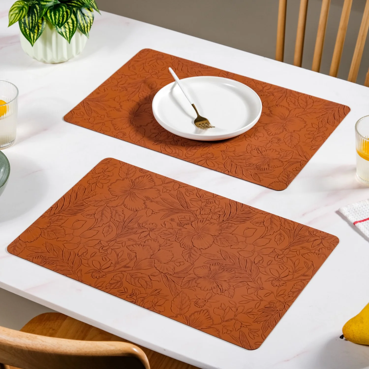 Brown Embossed Hibiscus Rectangular Placemats Set Of 6 - Image 7