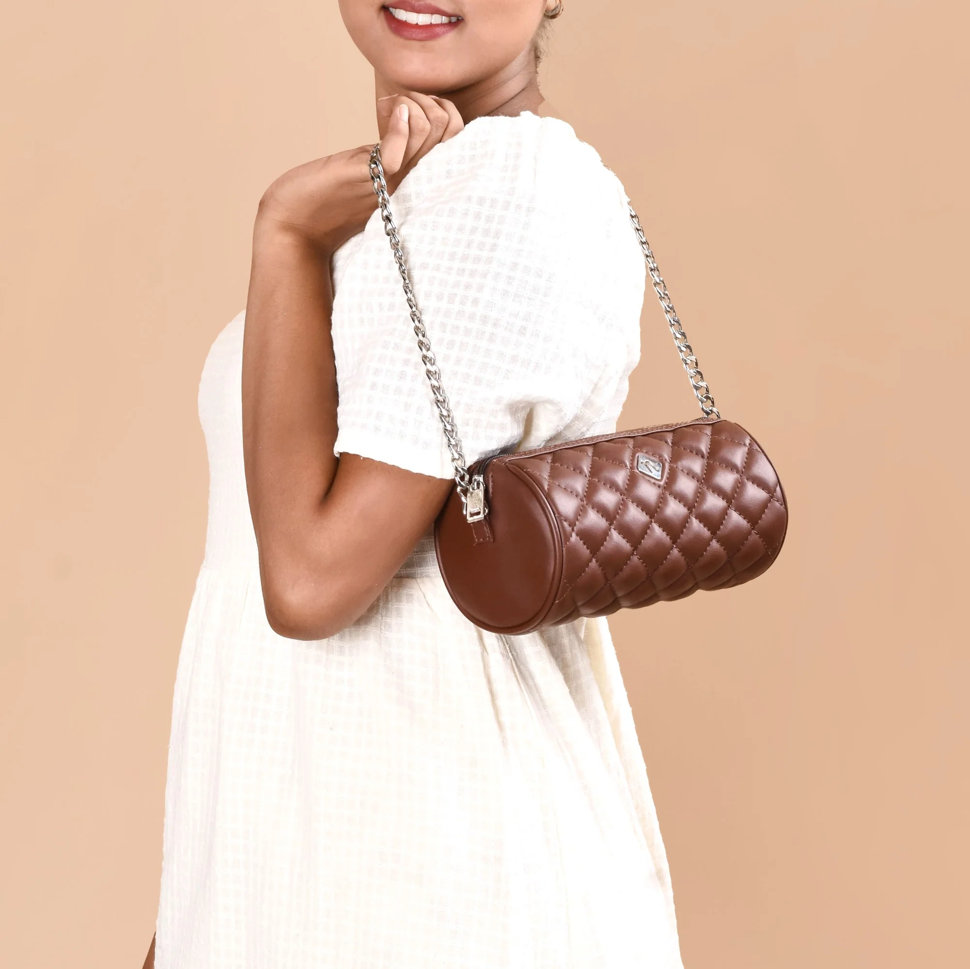Brown Mini Barrel Bag With Sling Chain - Image 12