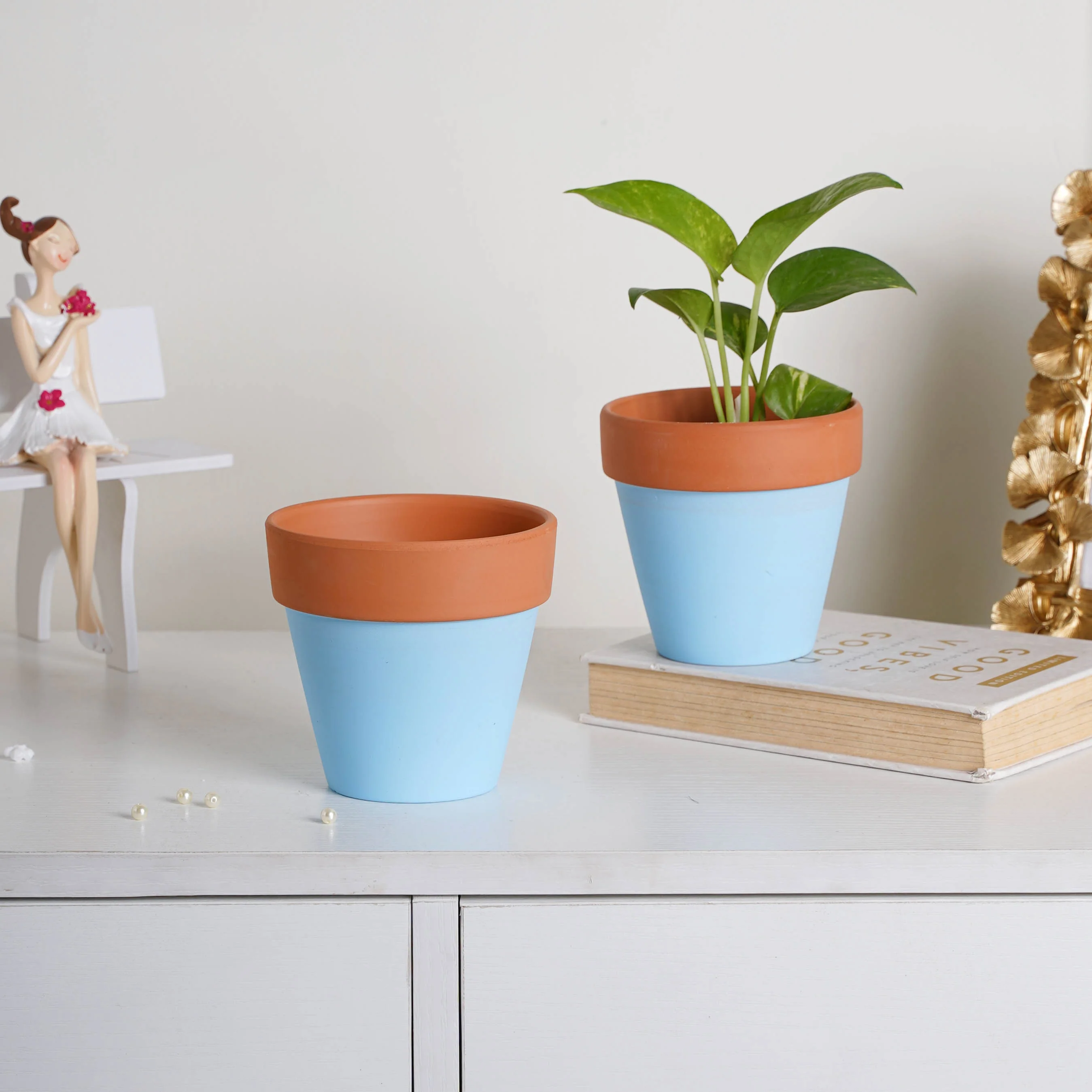 Brown Rim Sky Blue Clay Pot Set Of 2