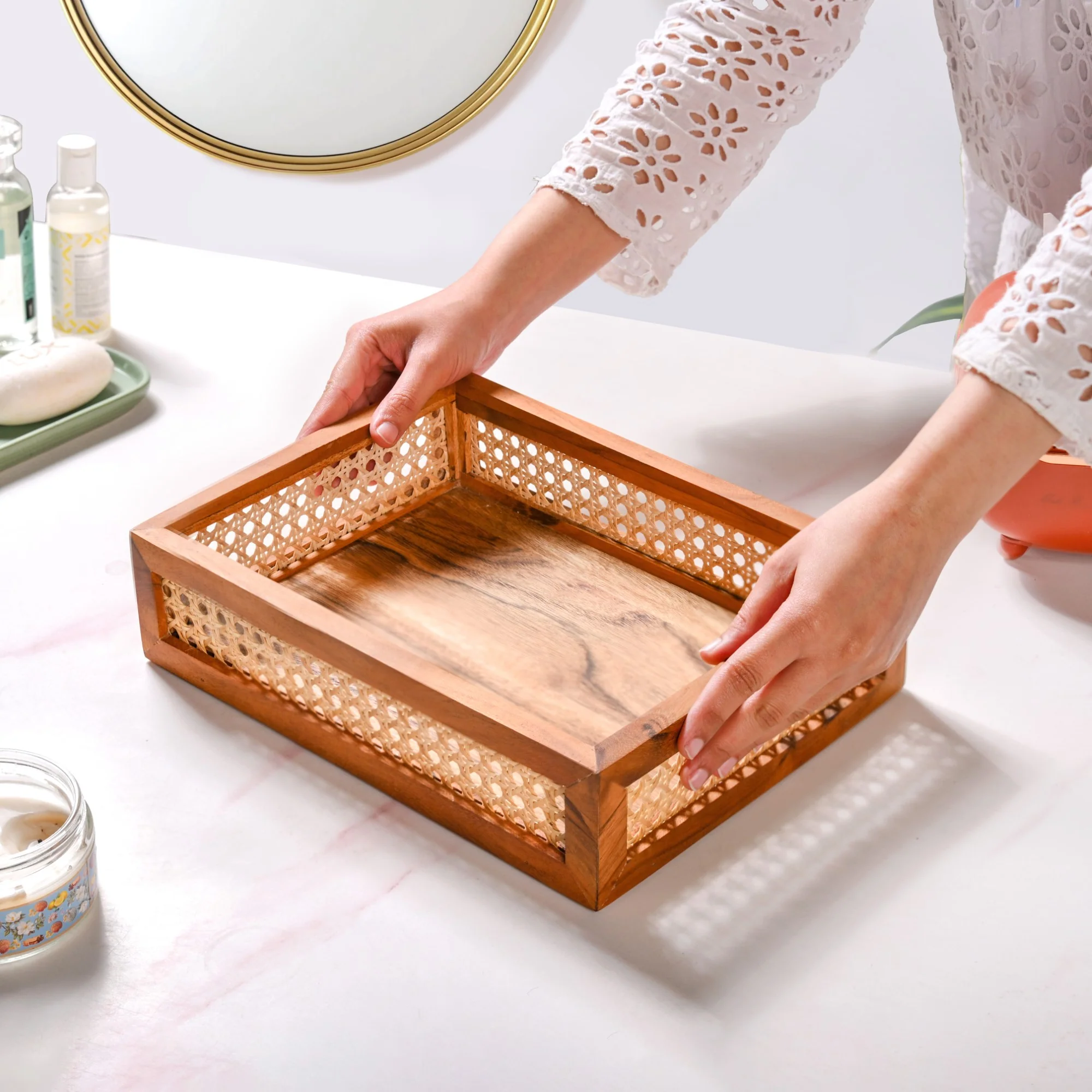 Cane Rectangular Wooden Tray - Image 3