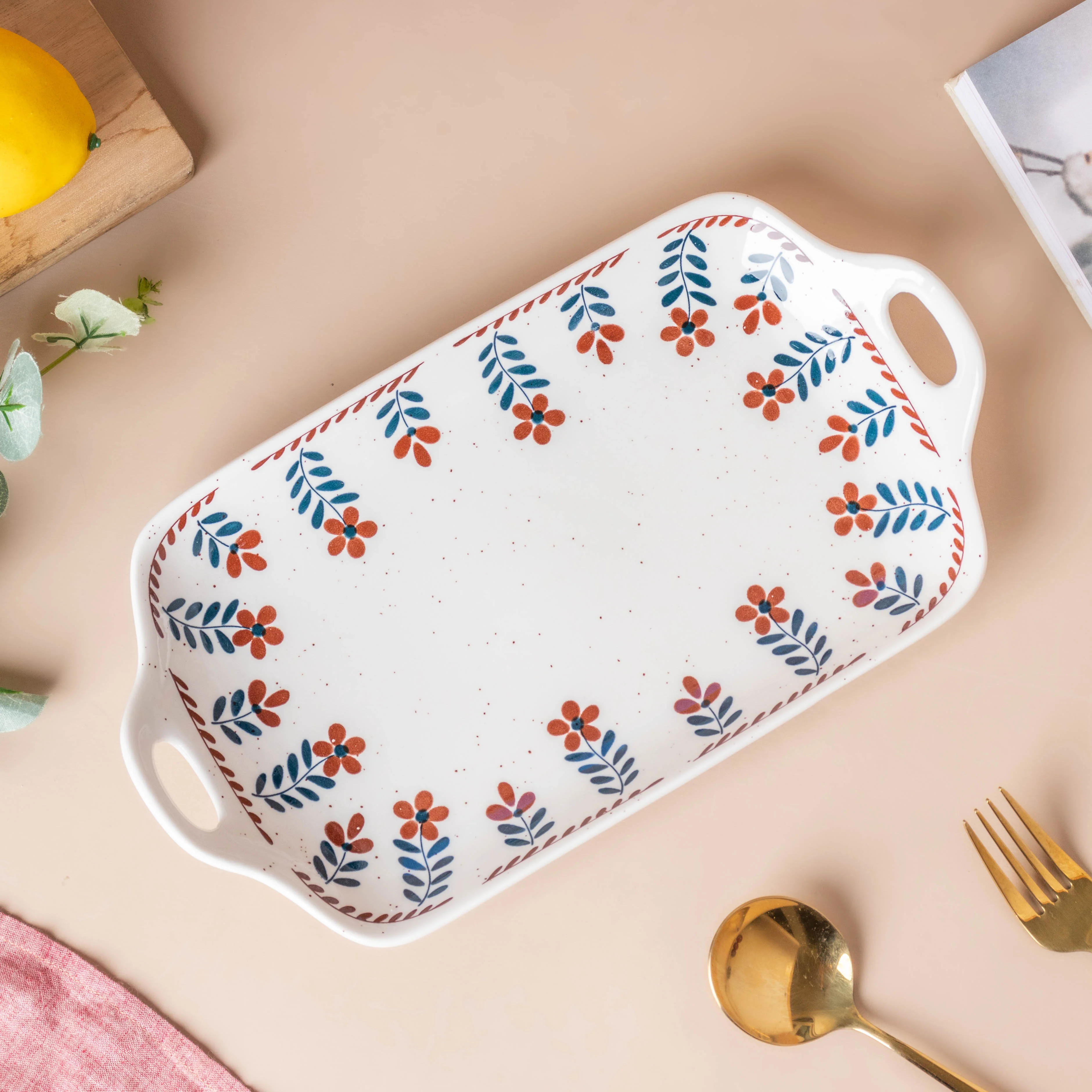 Carmella Floral Ceramic Tray With Handle - Image 2