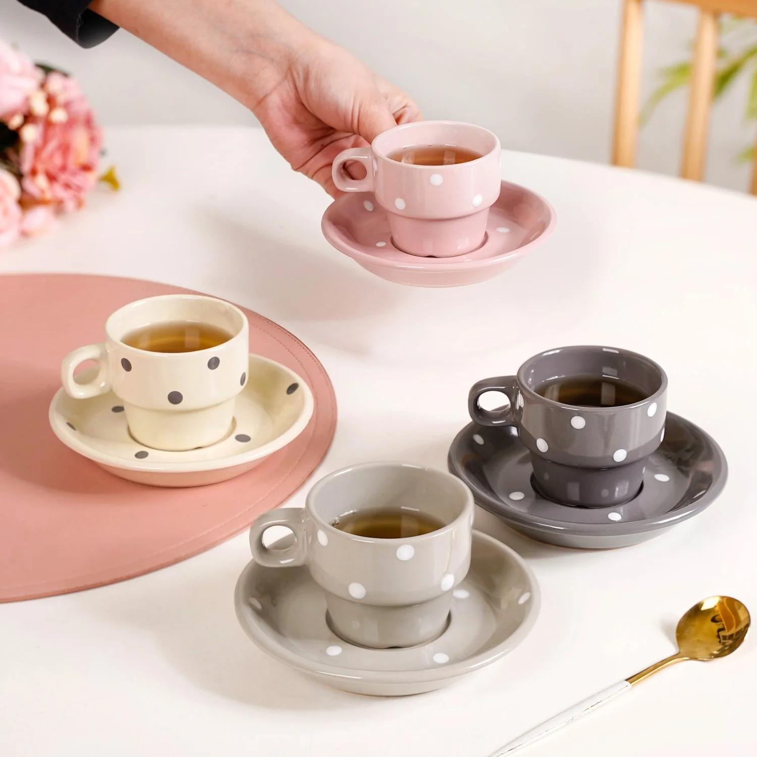 Ceramic Polka Dot Stackable Tea Cup And Saucer Set Of 4 90ml - Image 3