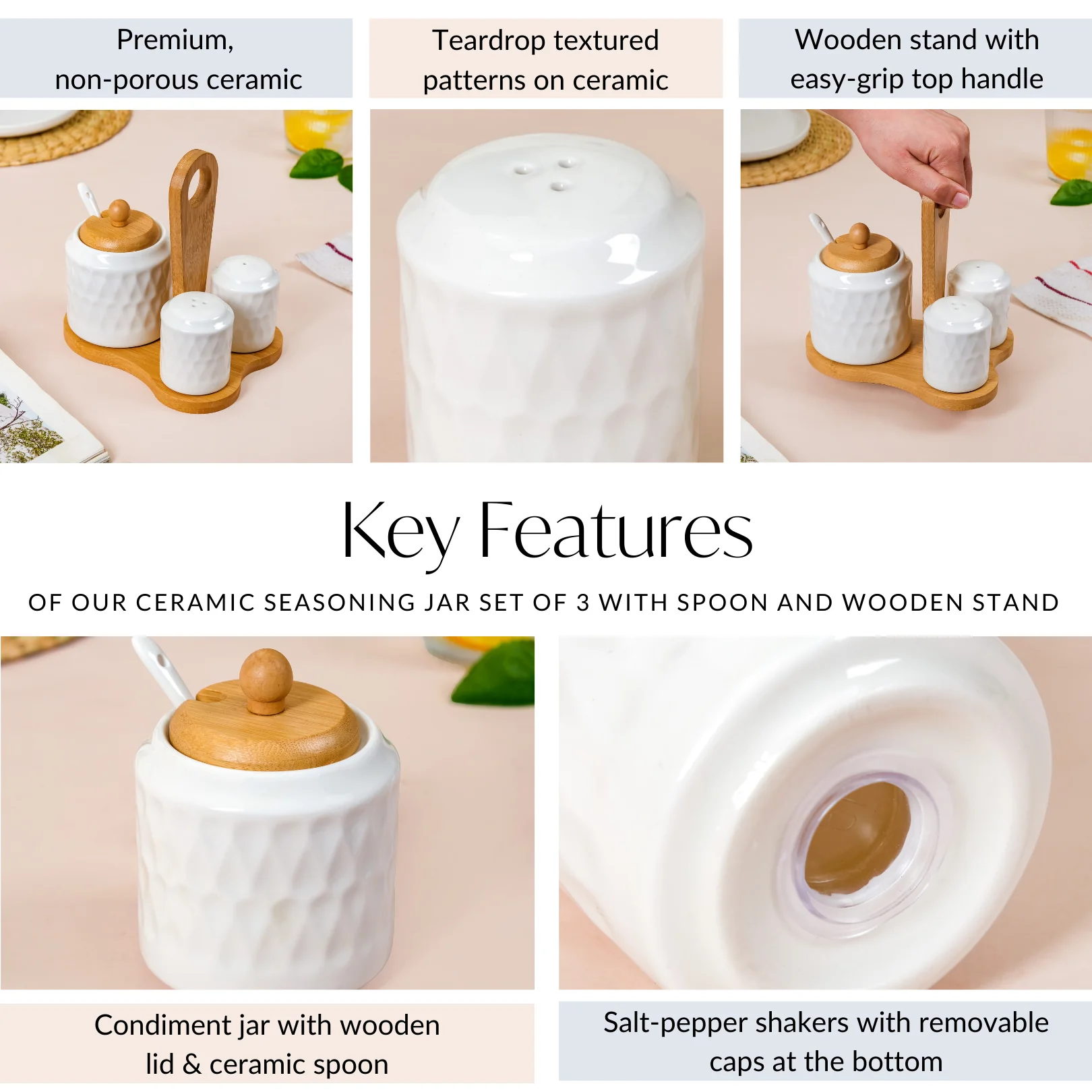 Ceramic Seasoning Jars Set Of 3 With Spoon And Wooden Stand - Image 5