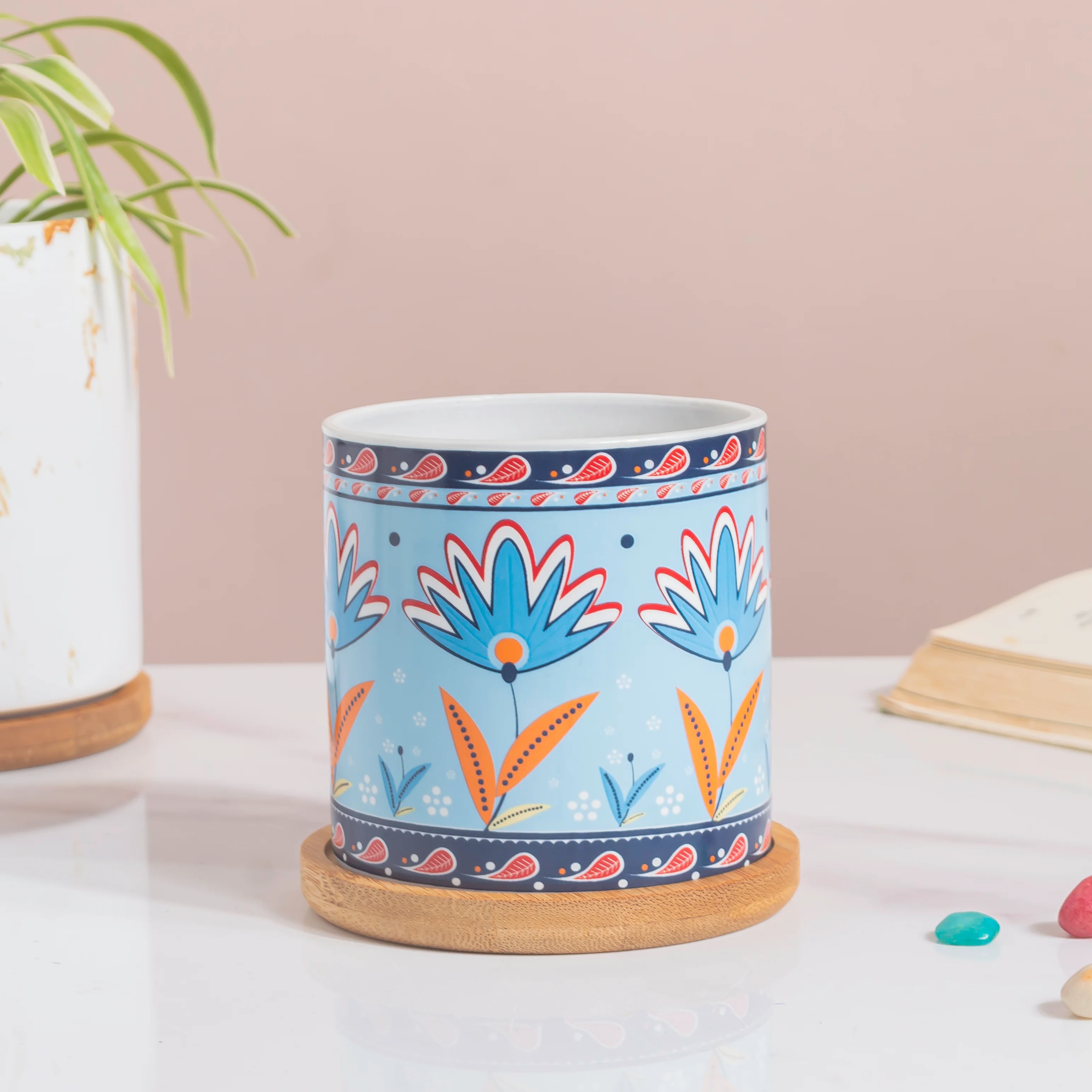 Cerulean Bloom Botanical Planter With Wooden Coaster - Image 6