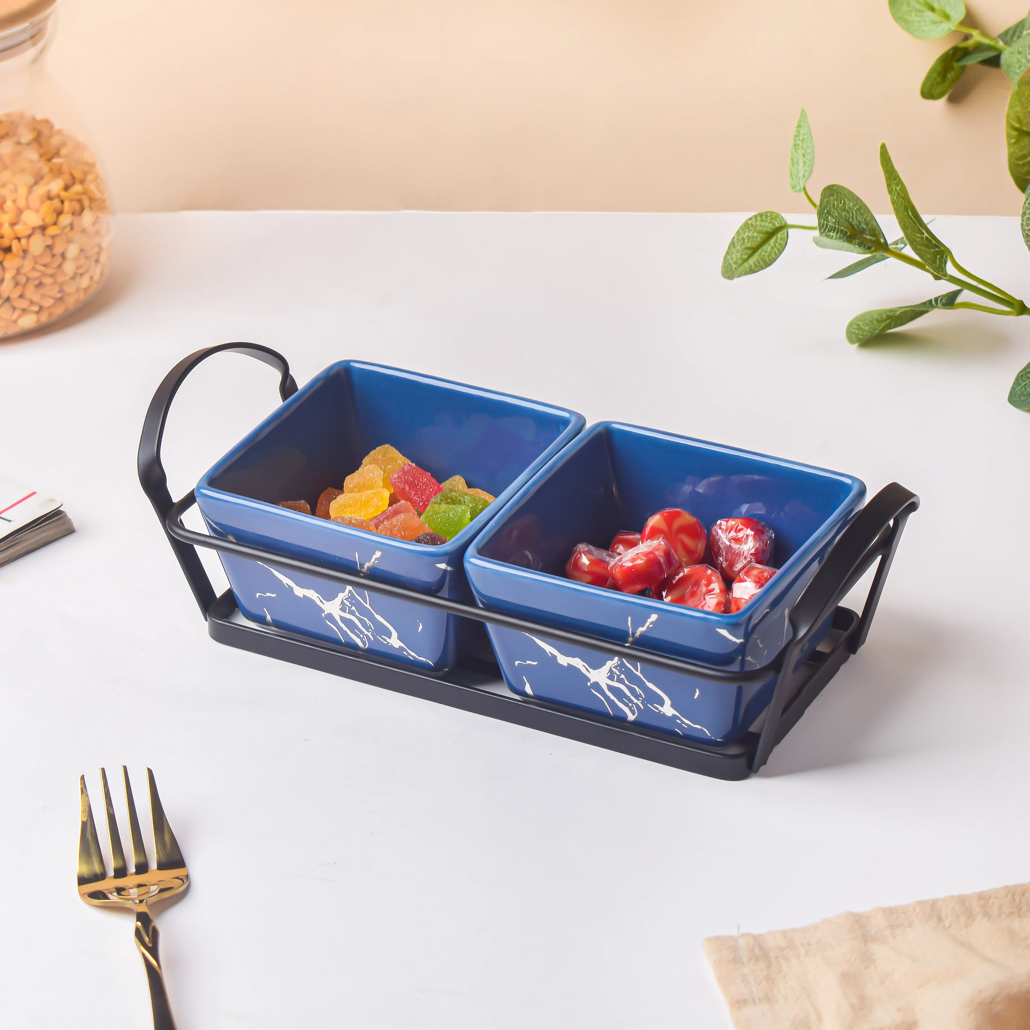 Cerulean Silver Marble Ceramic Bowls Tray Set Of 3 200ml