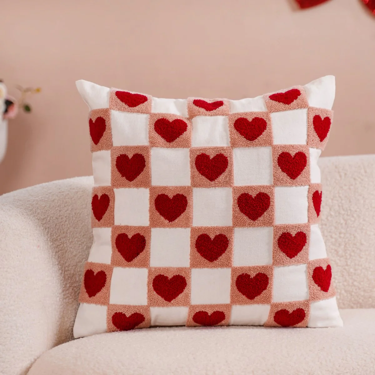Checkerboard Hearts Cushion Cover Set Of 2 Red Pink White 16x16 Inch - Image 4