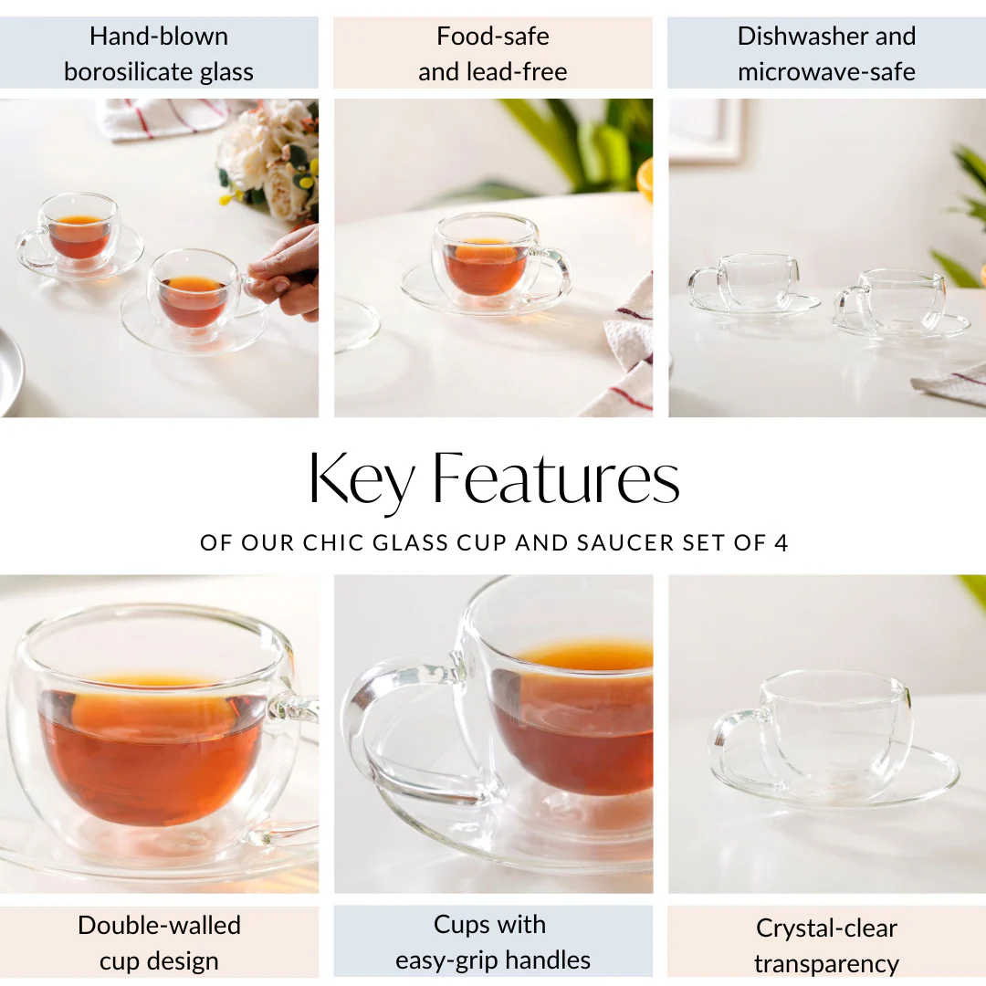 Chic Glass Cup And Saucer Set Of 4 100ml - Image 5