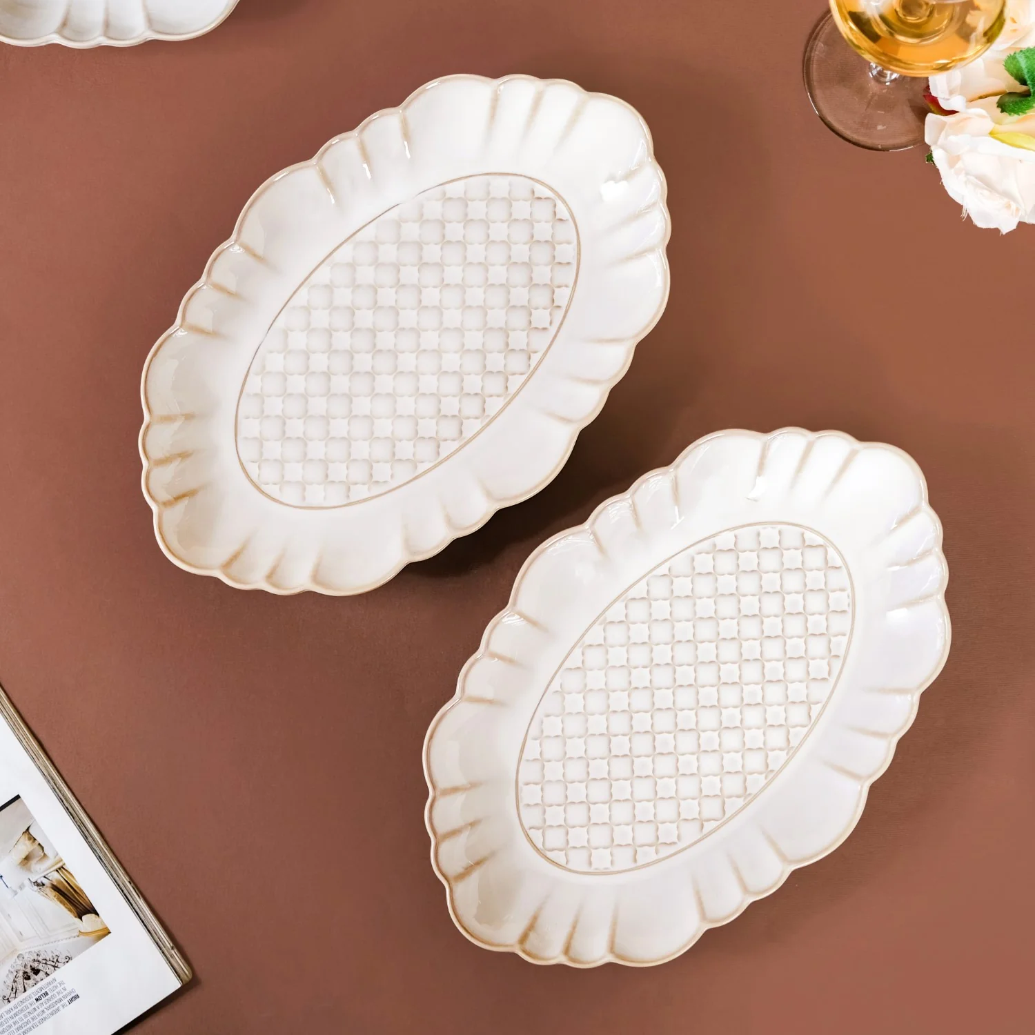 Chic Moroccan Long Plate Set Of 2 Ivory 12 Inch - Image 8