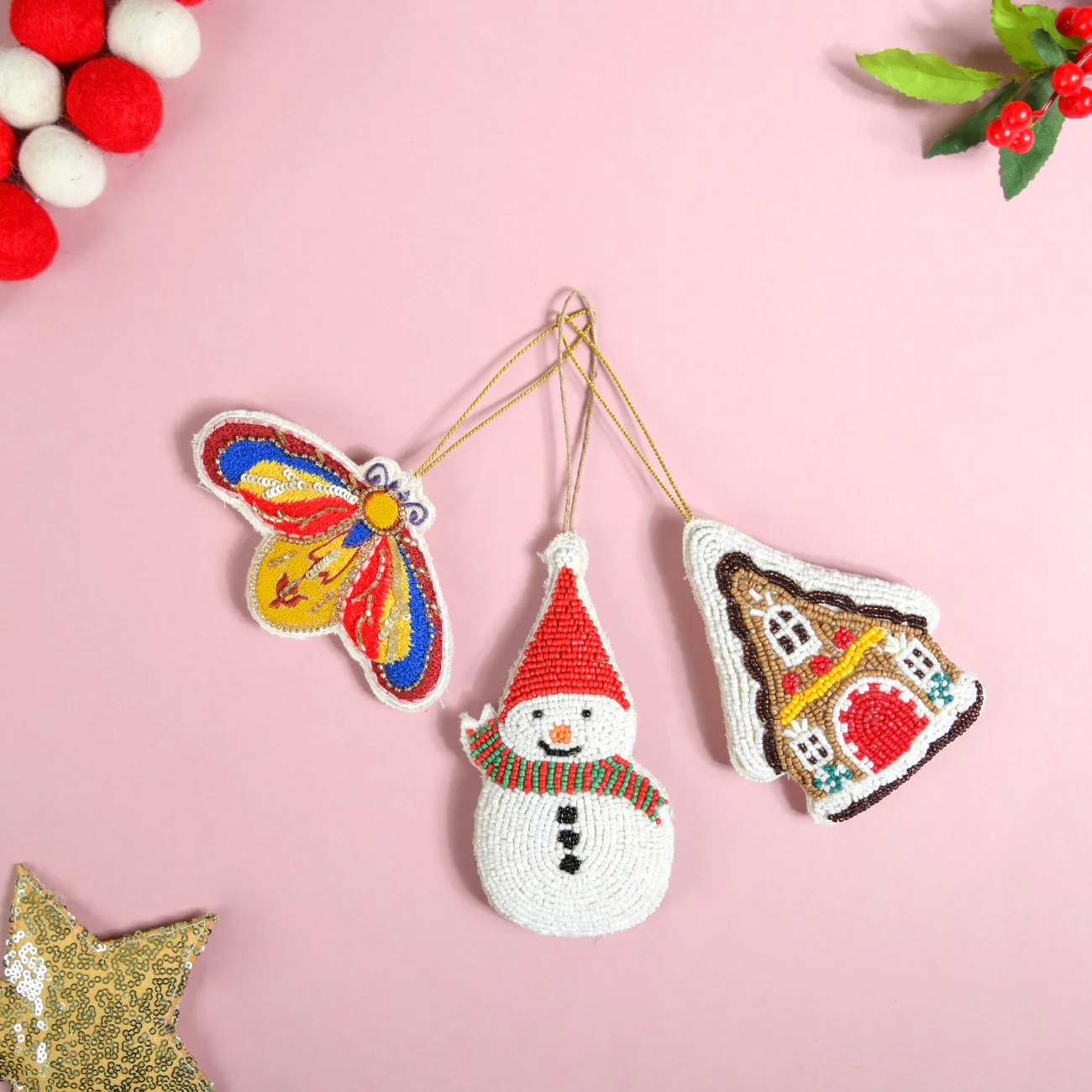 Christmas Hanging Ornament Set of 3 Multicolour