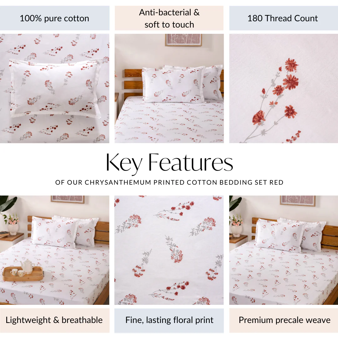 Chrysanthemum 180 TC Pure Cotton Bedding Set Soft Touch King Size Red 275x275 cm - Image 4