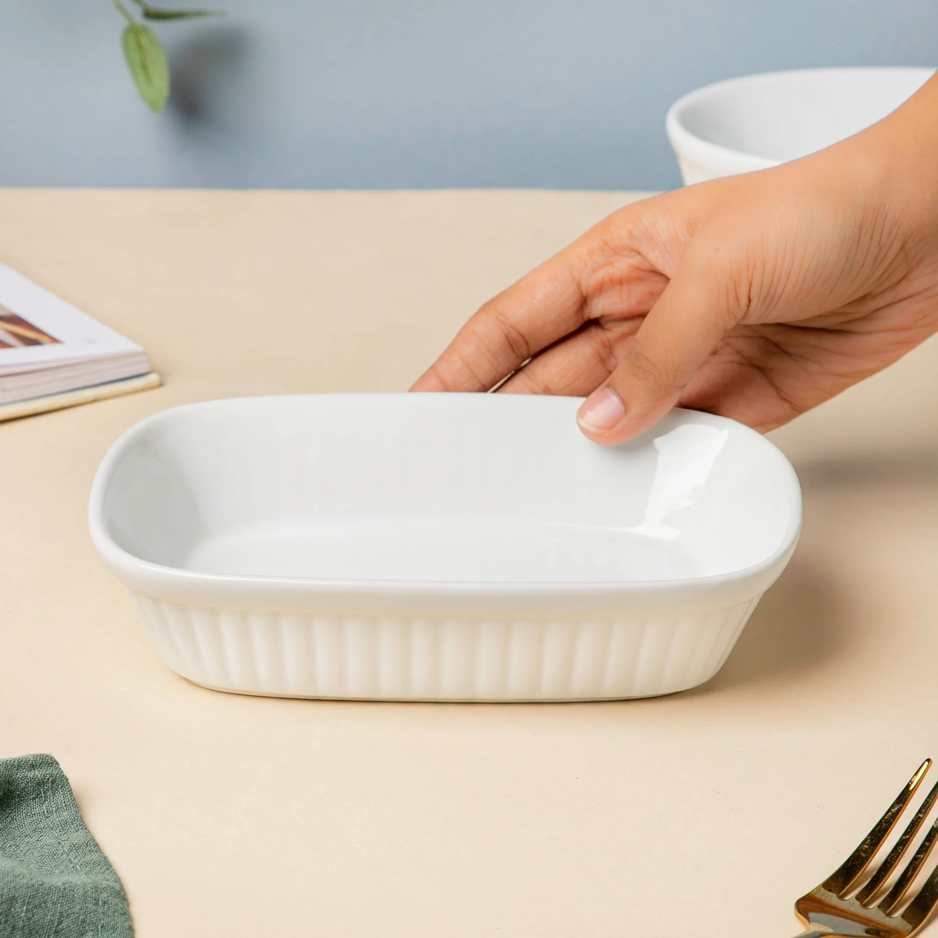 Classic Rectangle Ribbed Ceramic Baking Dish White 300 ml - Image 3