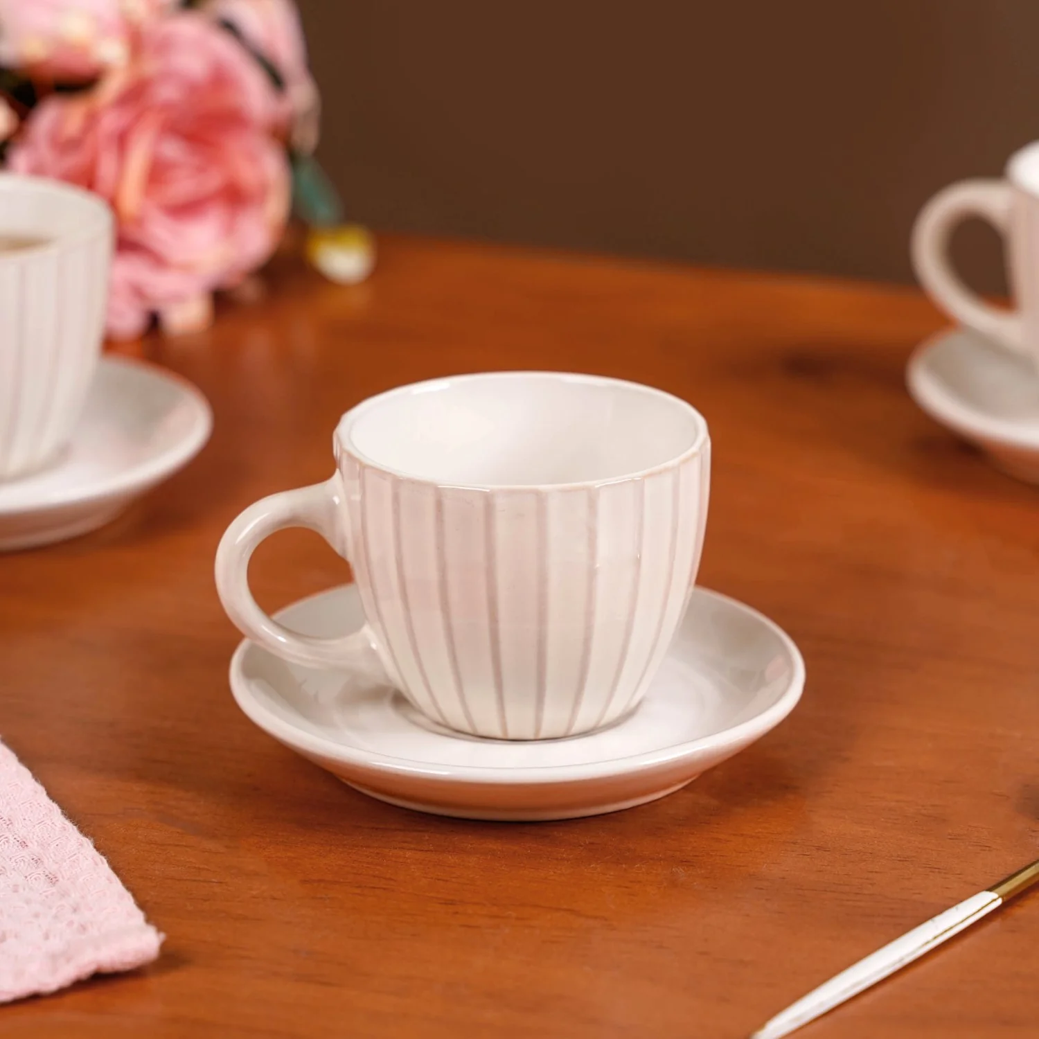 Costola Tea Cup And Saucer Set Of 4 Off White 125ml - Image 3