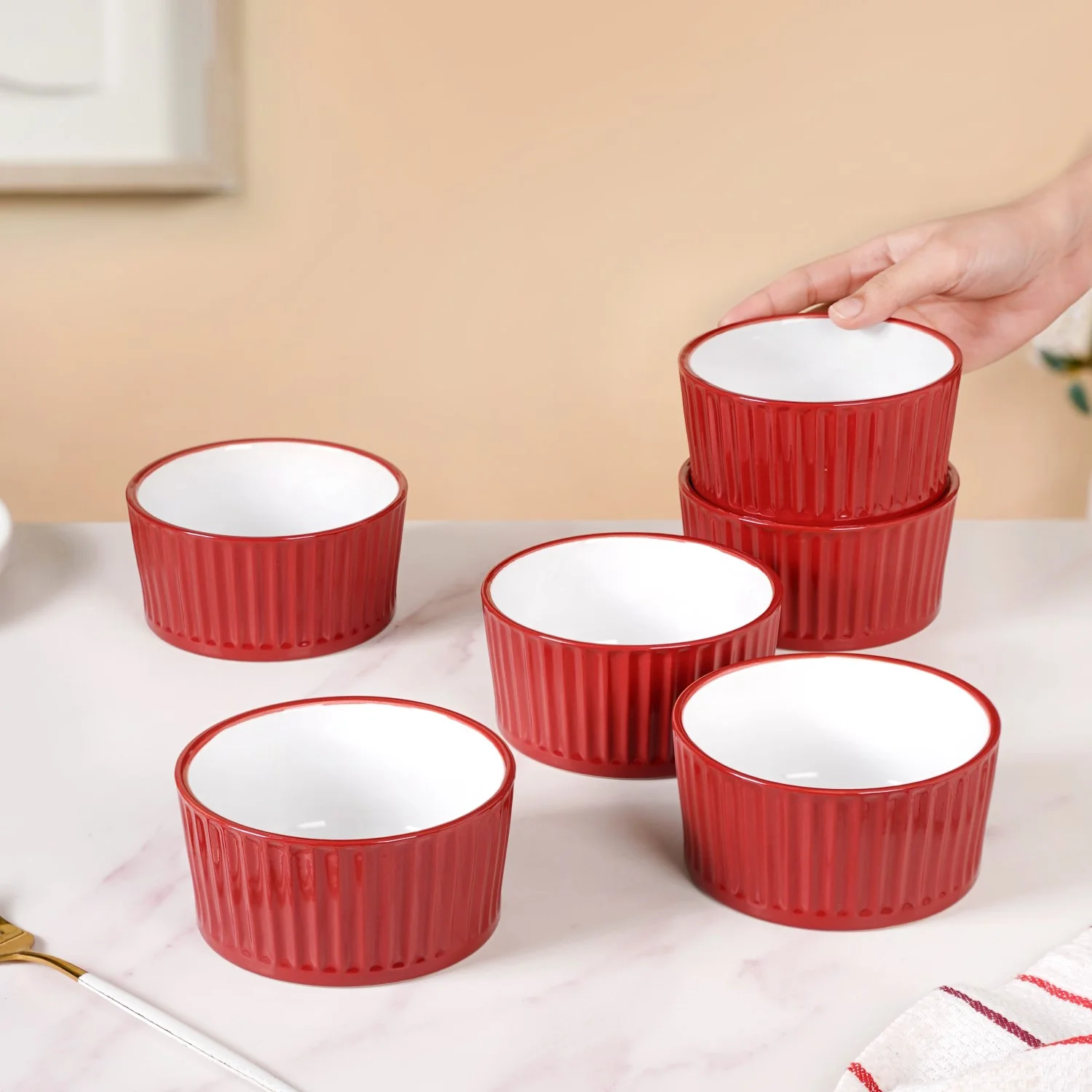 Cresta Ceramic Snack Bowl Set Of 6 Red 400ml - Image 2