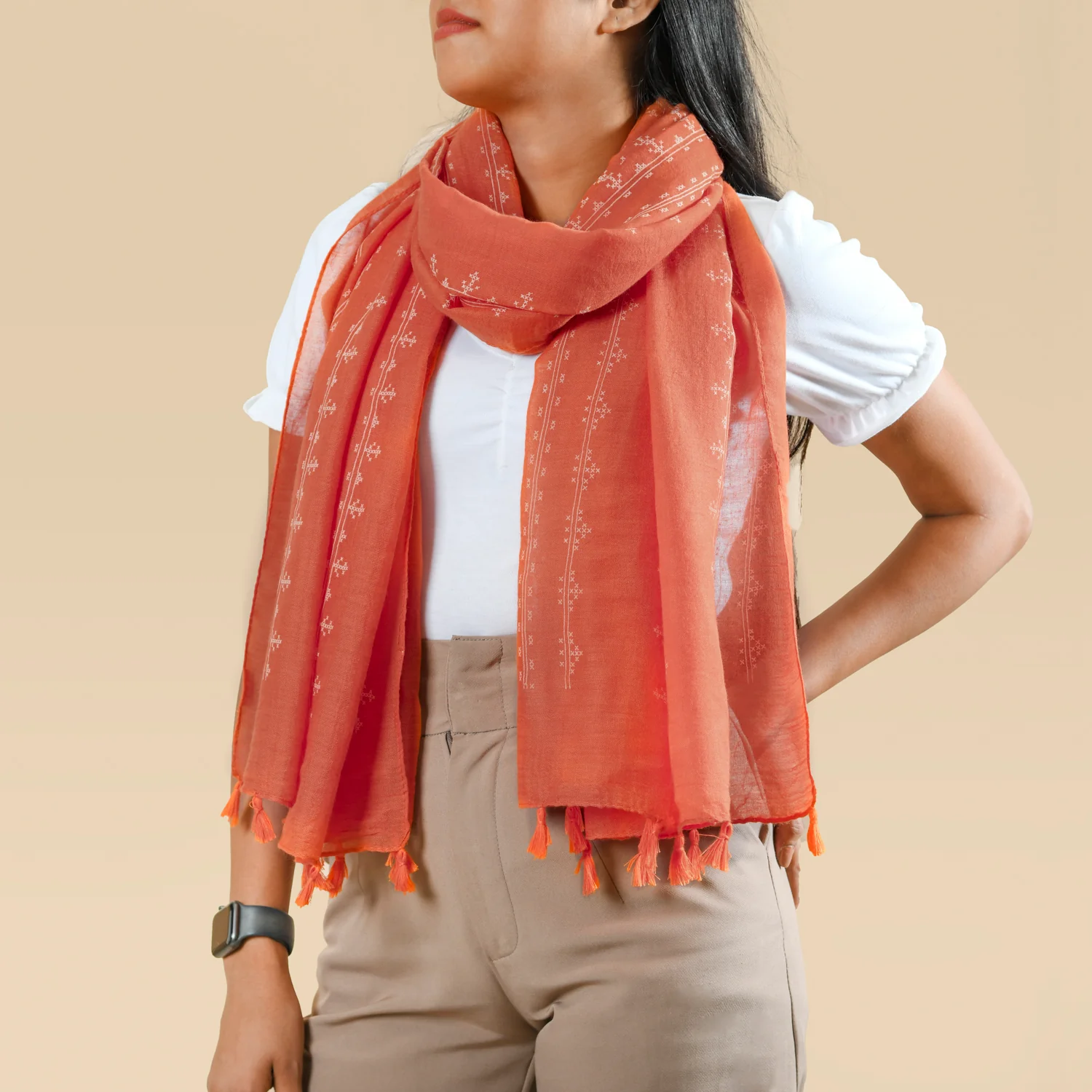 Cross Stitch Scarf With Tassels Orange - Image 2