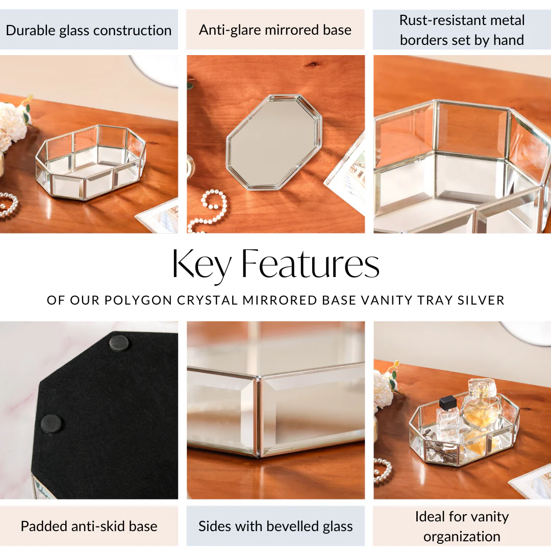 Crystal Mirror Base Vanity Tray Silver Small - Image 5