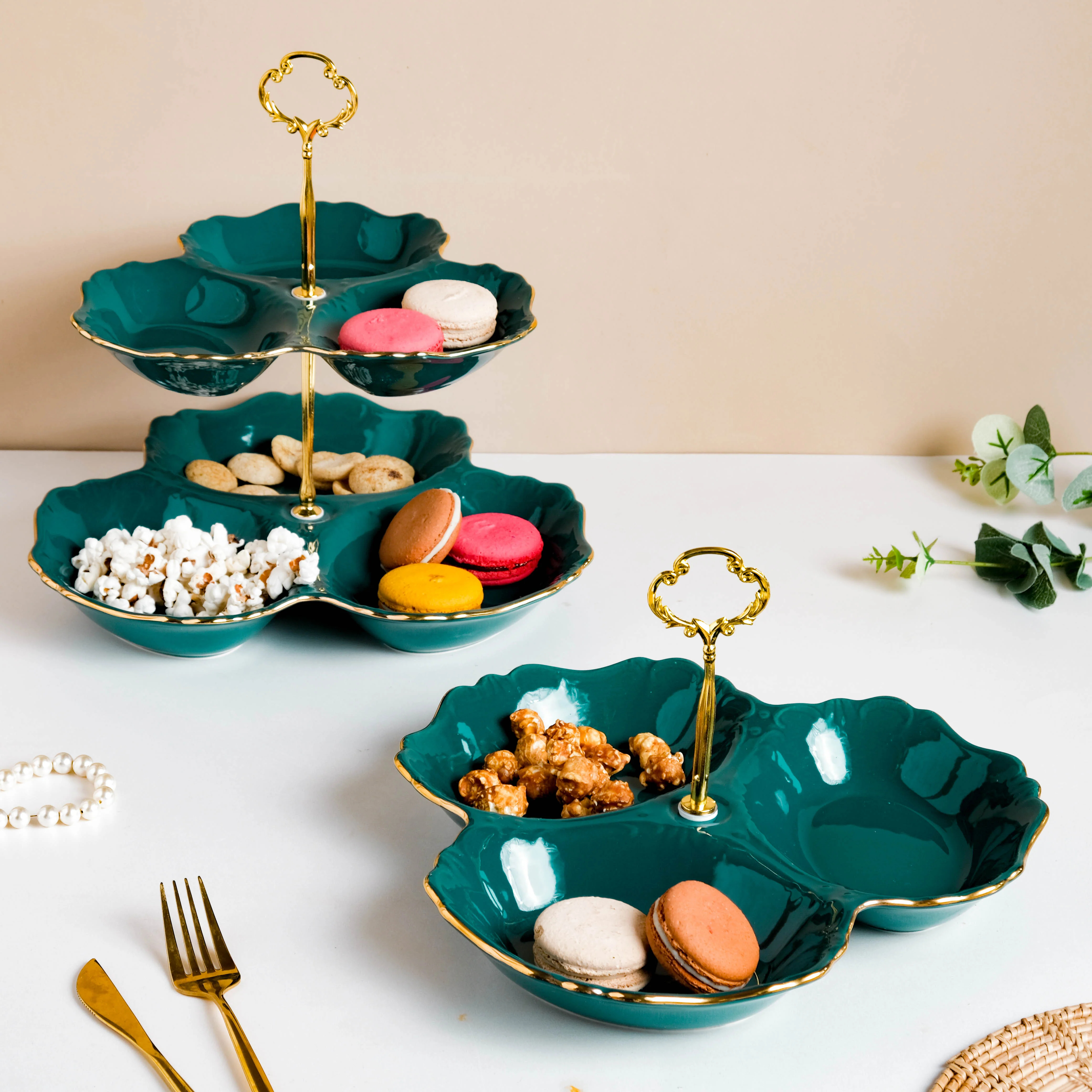 Dessert O' Clock Emerald Two Tier Golden Platter - Image 9
