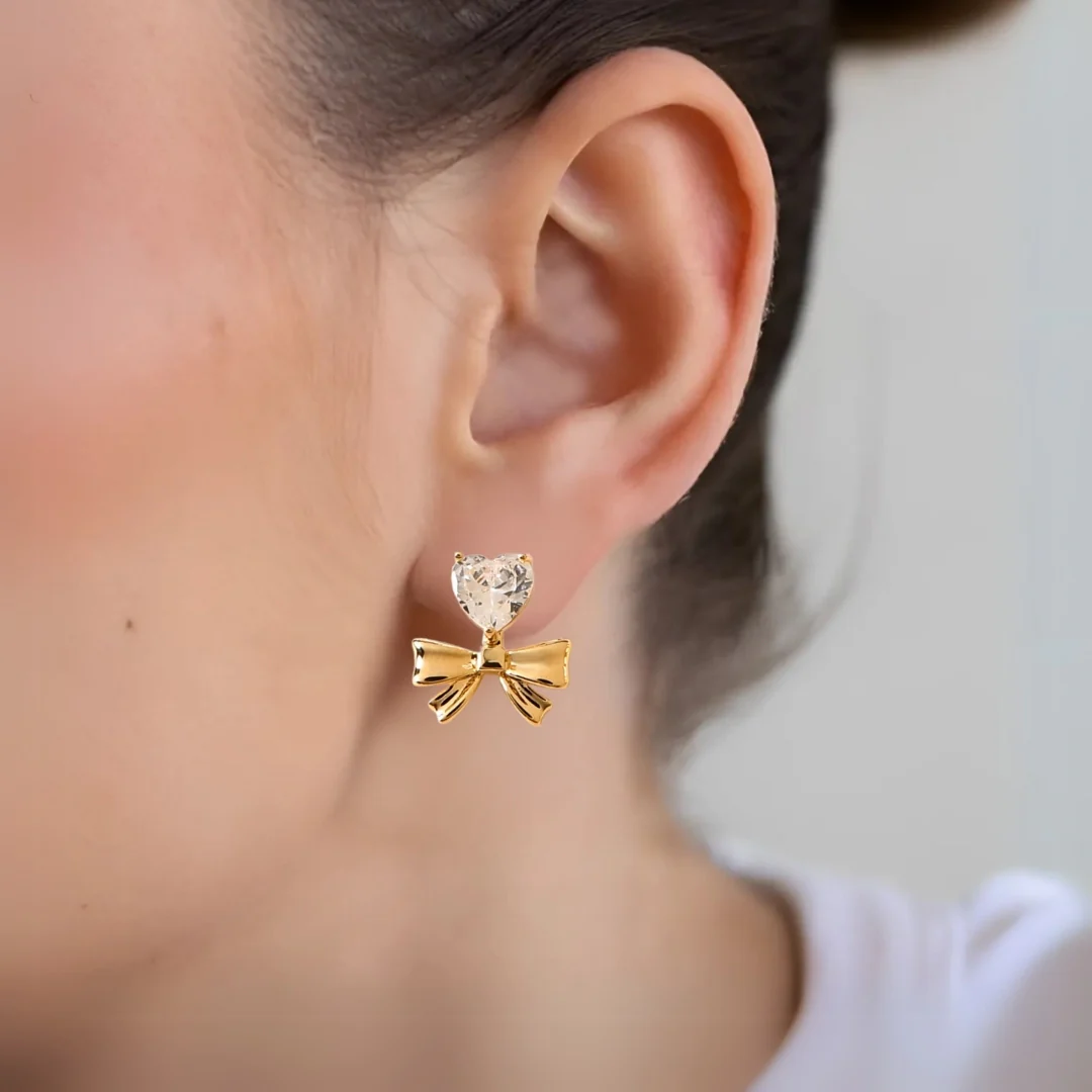Diamond Heart Bow Drop Earrings Gold - Image 5