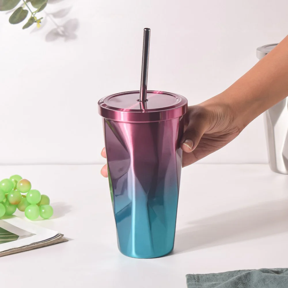 Double Walled Ombre Tumbler With Straw Purple 500ml - Image 2