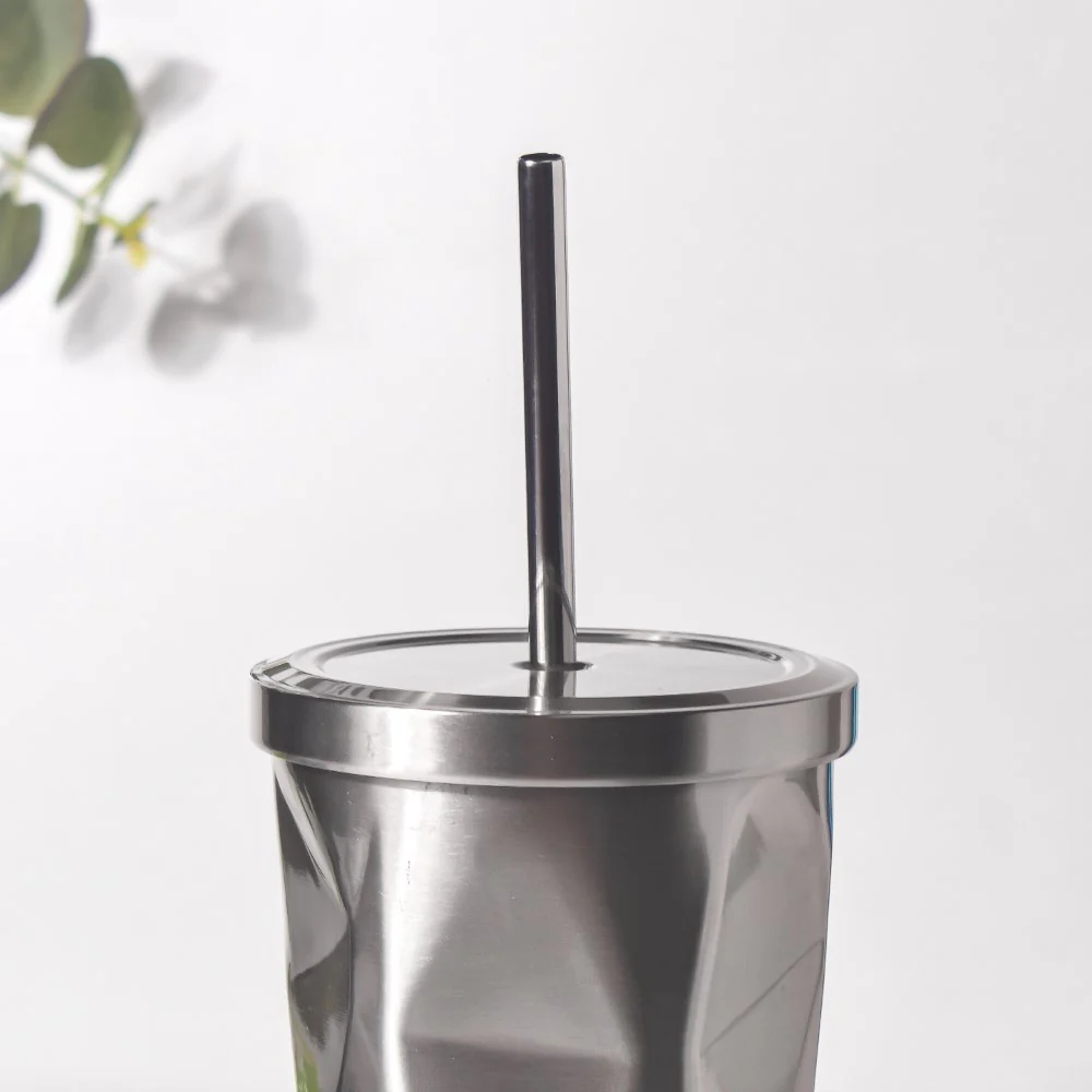 Double Walled Tumbler With Straw Silver 500ml - Image 4