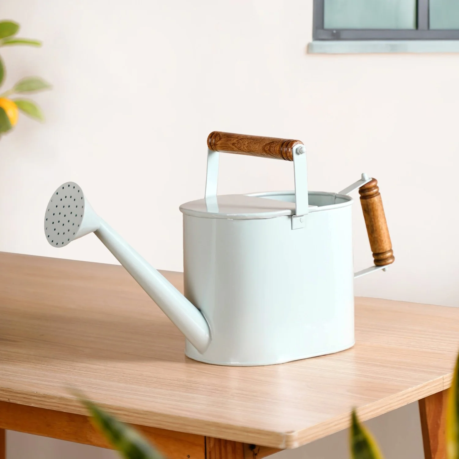 Dual Wooden Handle Metal Watering Can With Glossy Finish Blue