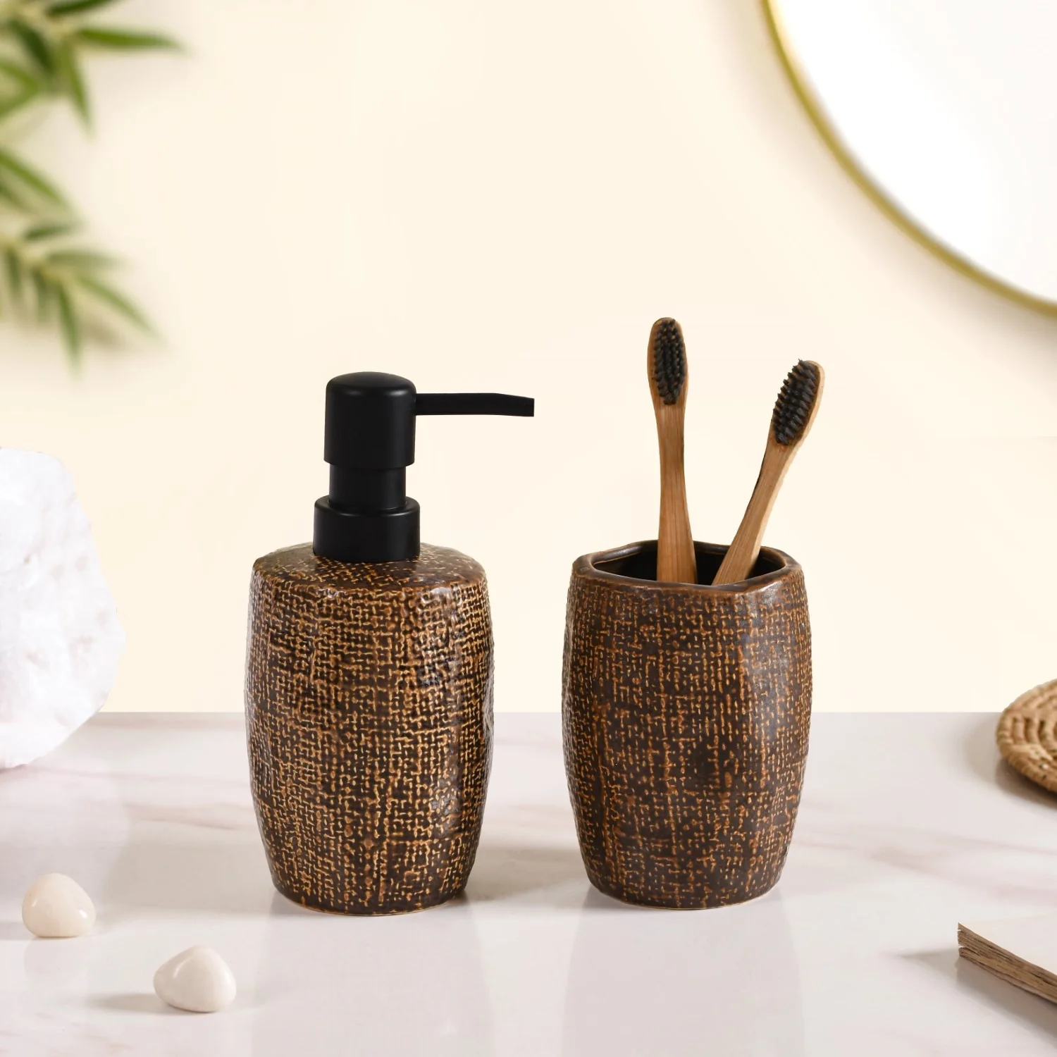 Earthy Chic Ceramic Bathroom Accessories Set Of 2 Brown - Image 5