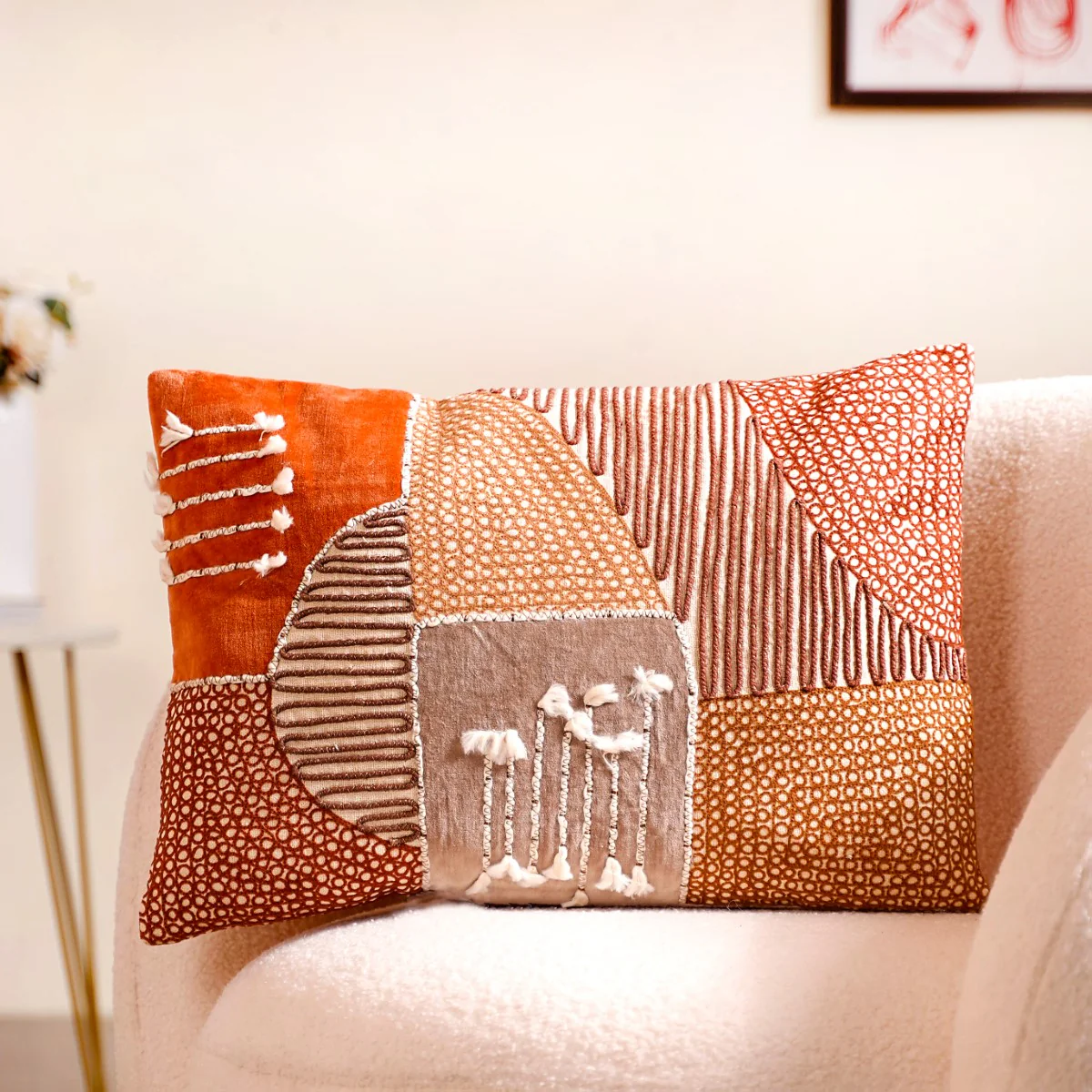 Earthy Embellished Applique Cushion Cover 20x14 Inch