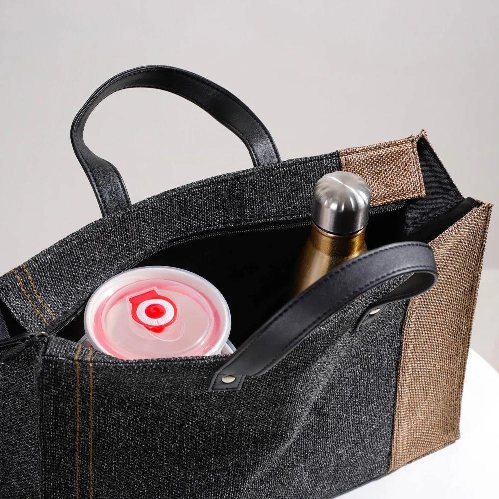 Eco Friendly Jute Lunch Bag Black And Beige 15 x 10 Inch - Image 4