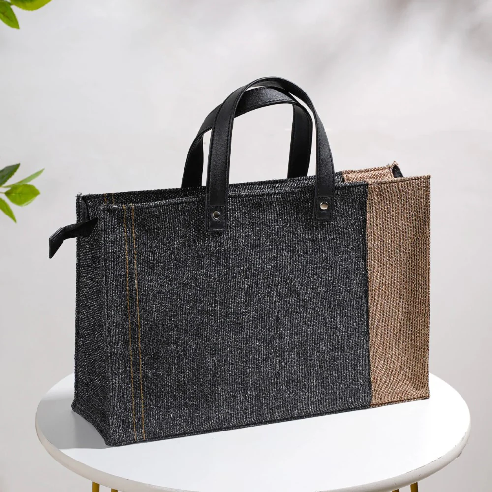 Eco Friendly Jute Lunch Bag Black And Beige 15 x 10 Inch - Image 9