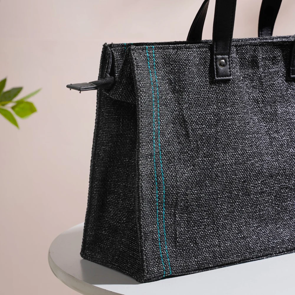 Eco Friendly Jute Lunch Bag Black And Teal 15 x 10 Inch - Image 10