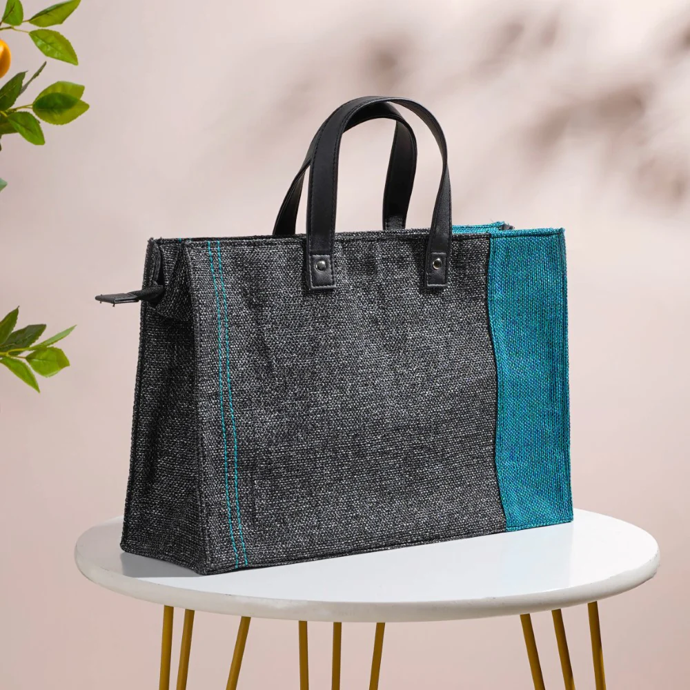 Eco Friendly Jute Lunch Bag Black And Teal 15 x 10 Inch - Image 5