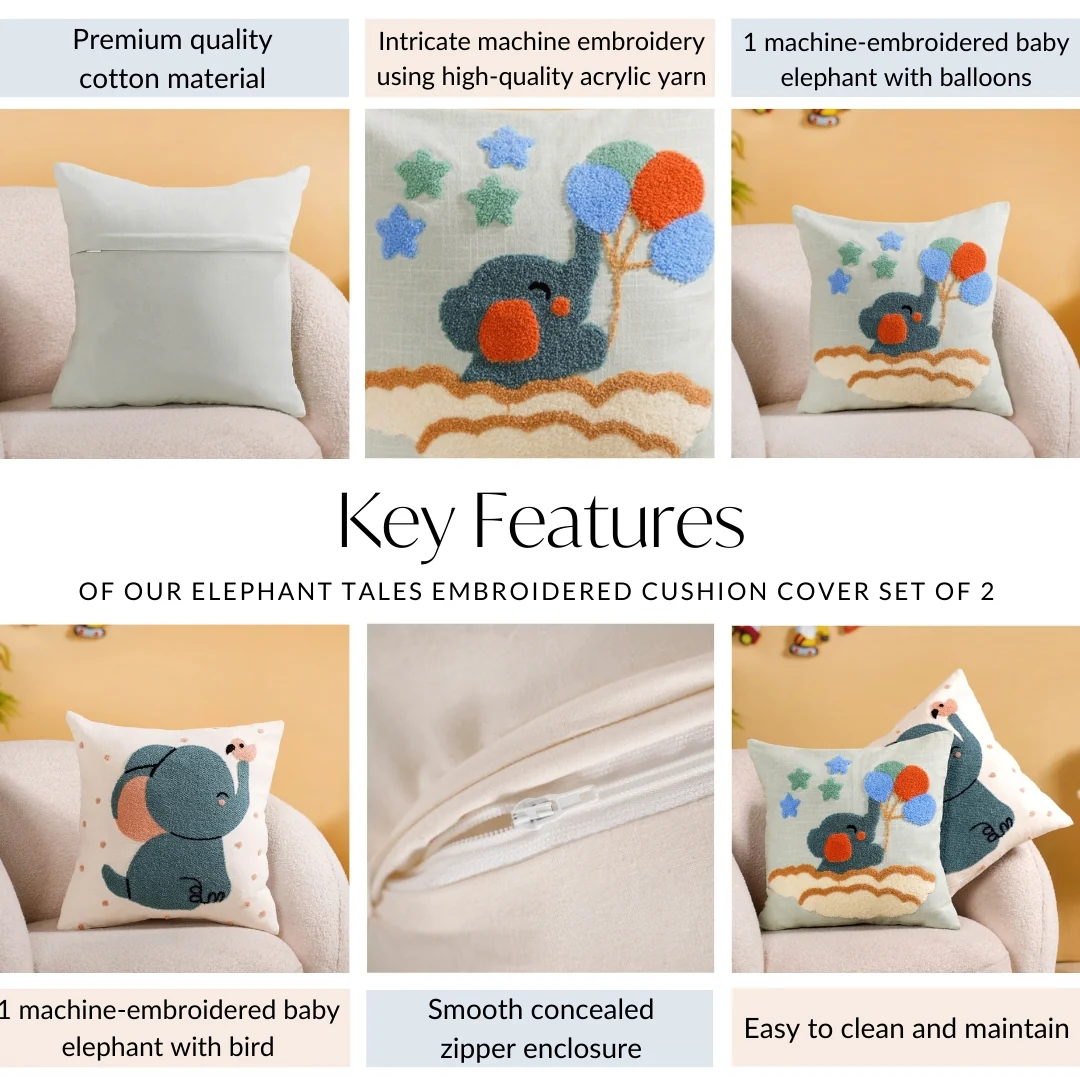 Elephant Tales Embroidered Cushion Cover Set Of 2 40x40cm - Image 5