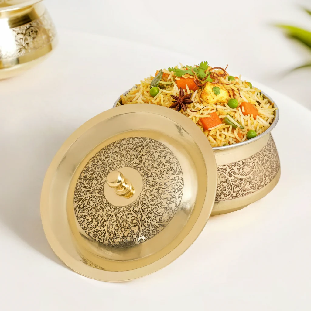 Embossed Pure Brass Handi Cooking Pot With Lid 1600ml - Image 2