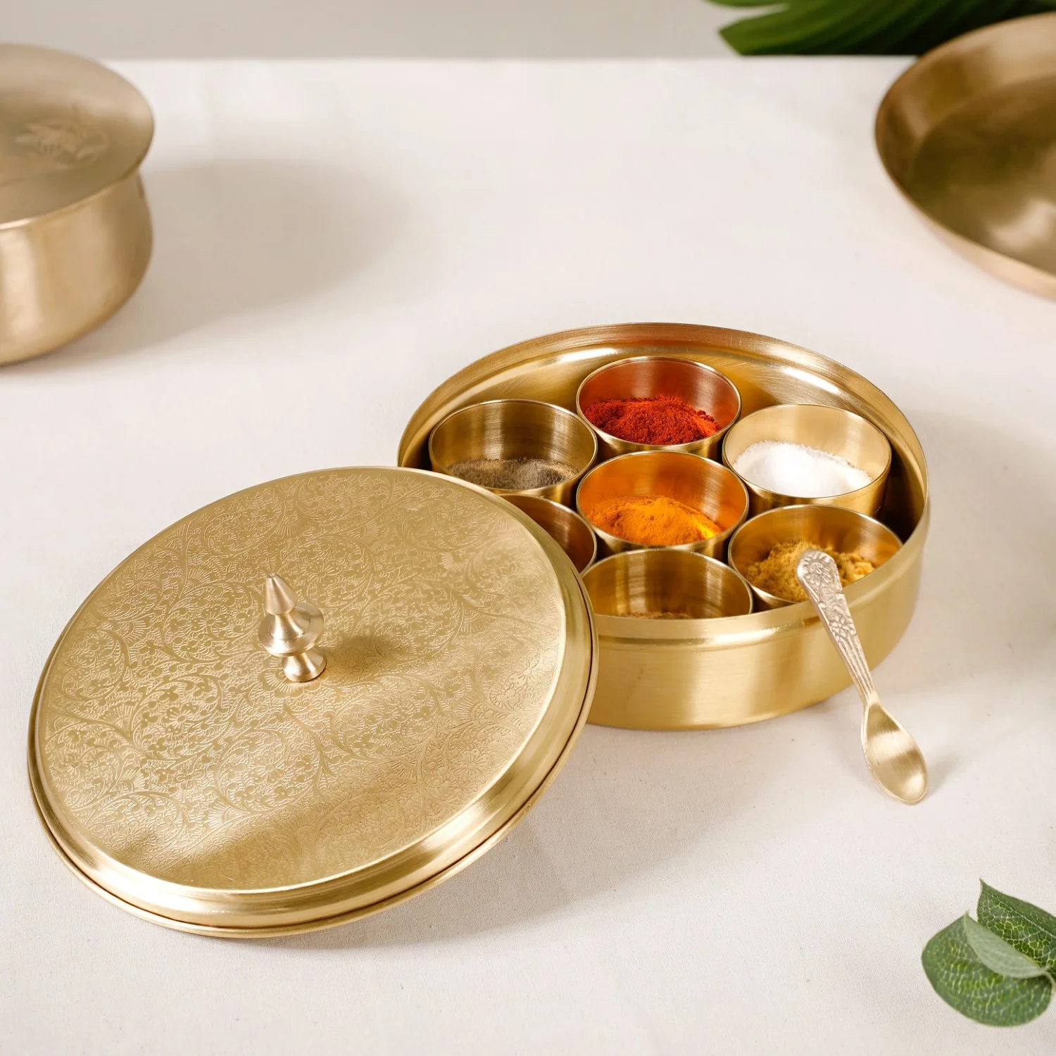 Embossed Pure Brass Airtight Masala Box Set With Gift Box - Image 2