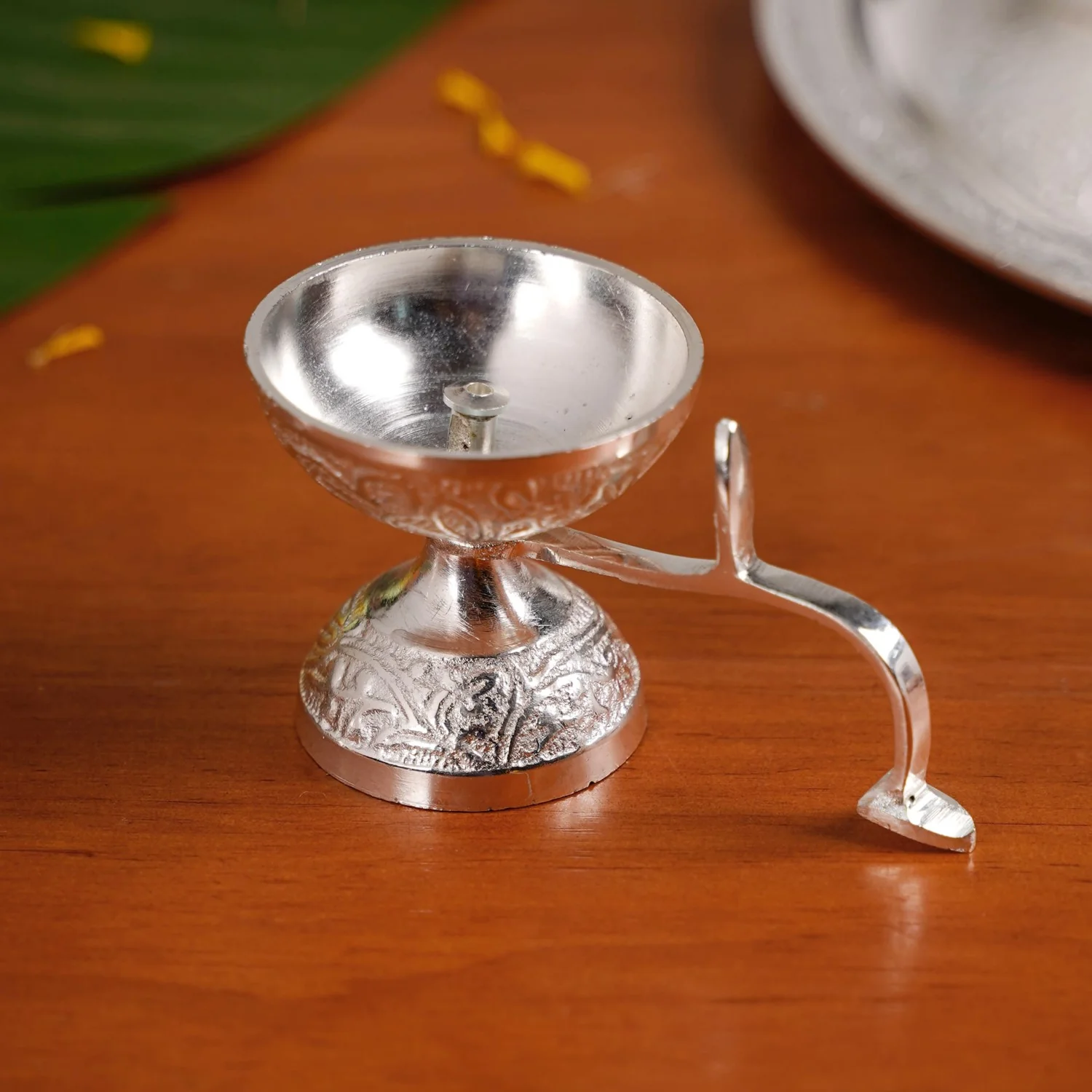 Embossed Silver Pooja Thali Set Of 7 With Kalash Spoon Bowl Bell Diya - Image 11
