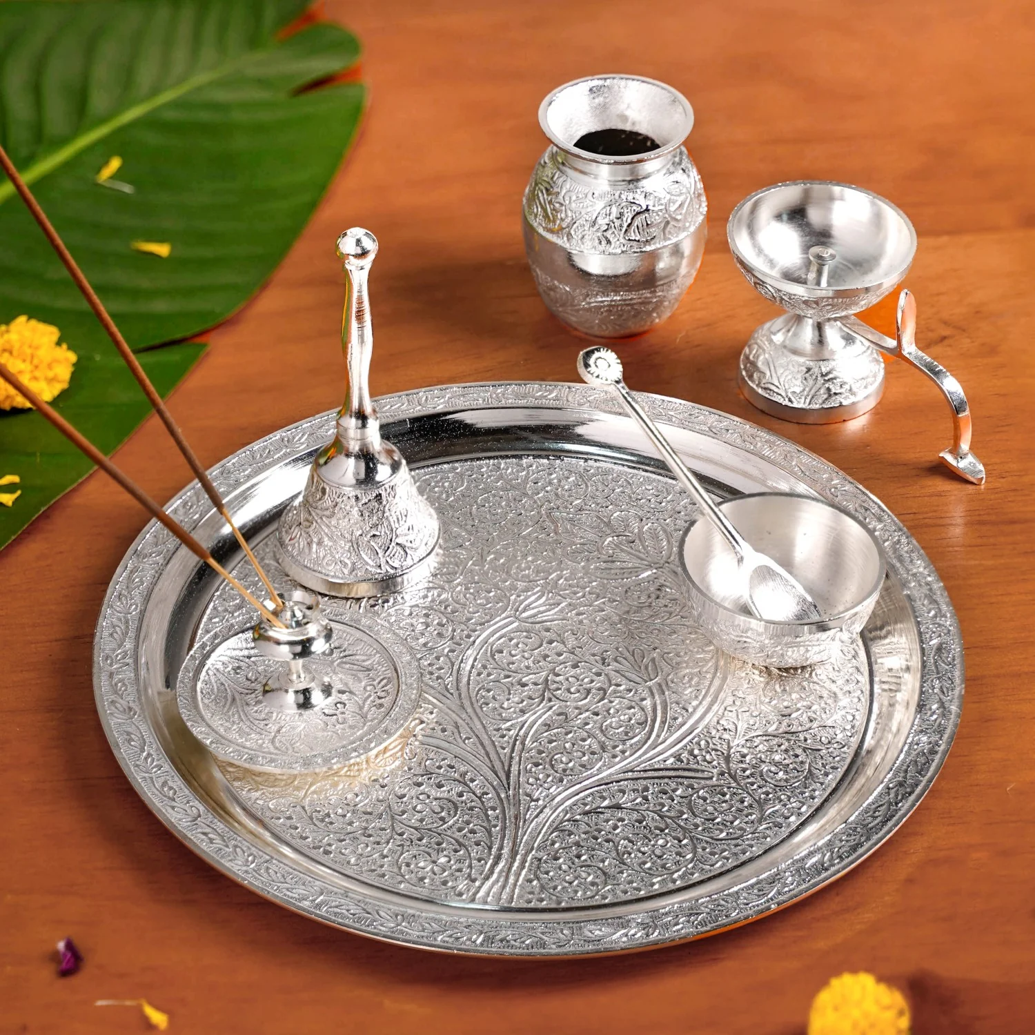 Embossed Silver Pooja Thali Set Of 7 With Kalash Spoon Bowl Bell Diya - Image 14