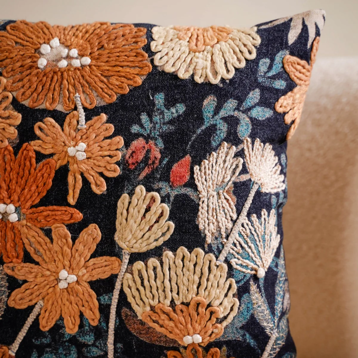 Embroidery on Print Floral Cushion Cover 16x16 Inch - Image 3