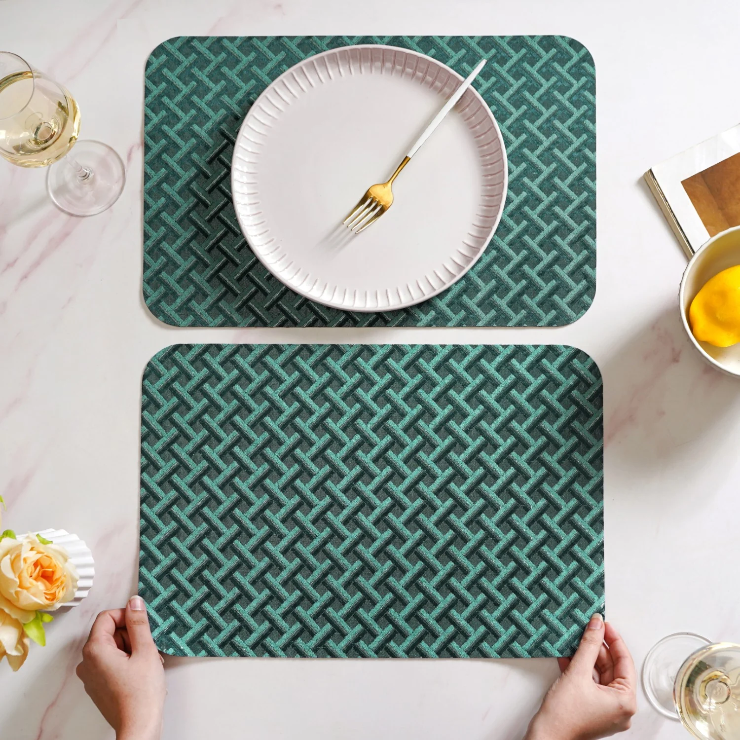 Emerald Green Basket Pattern Tablemat Set Of 6 - Image 3
