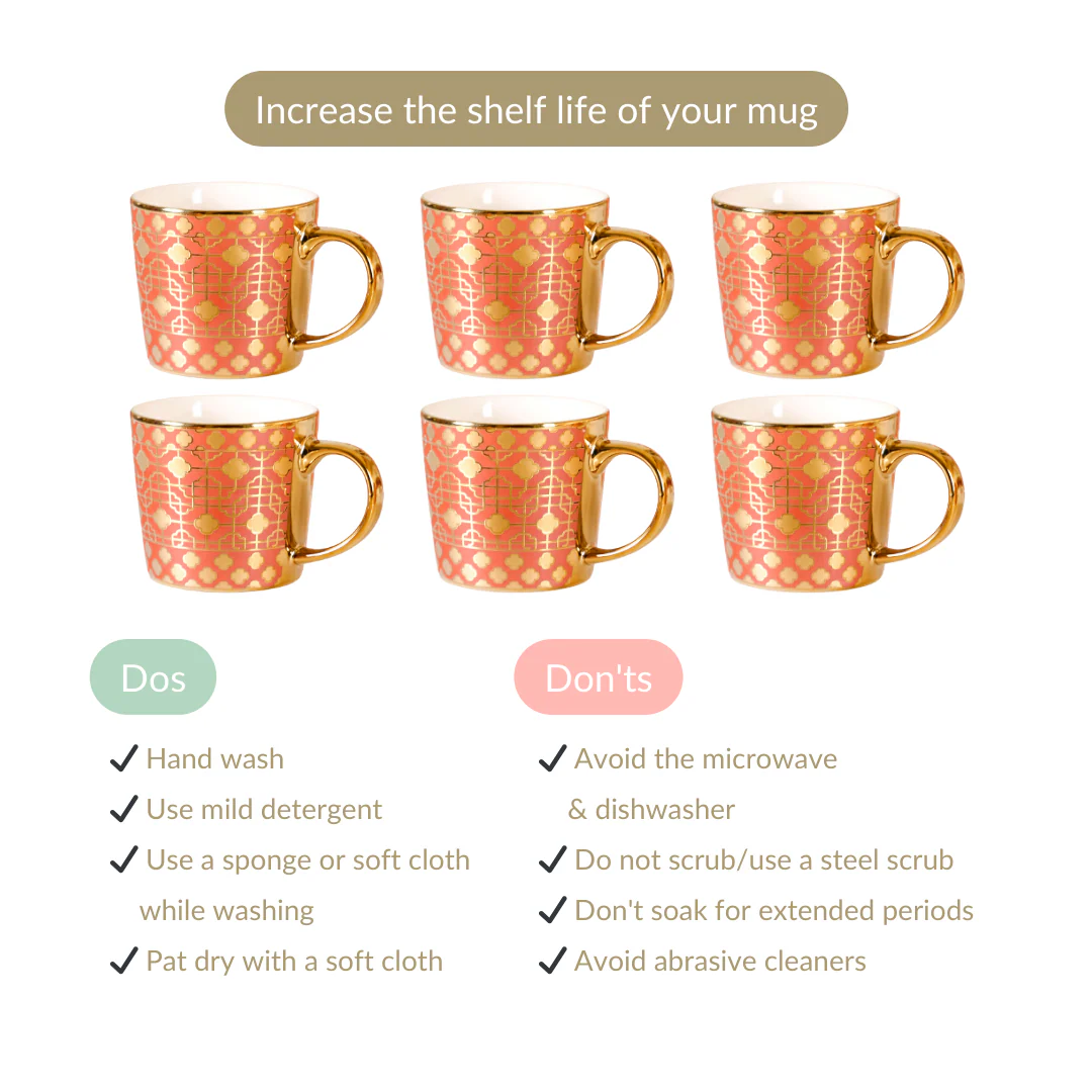 Emirati Gold Teacup Set of 6 Coral Pink 280ml - Image 5
