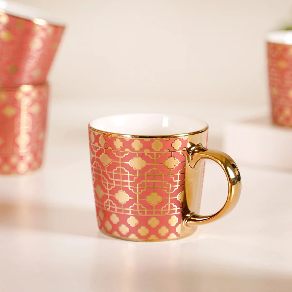 Emirati Gold Teacup Set of 6 Coral Pink 280ml - Image 8