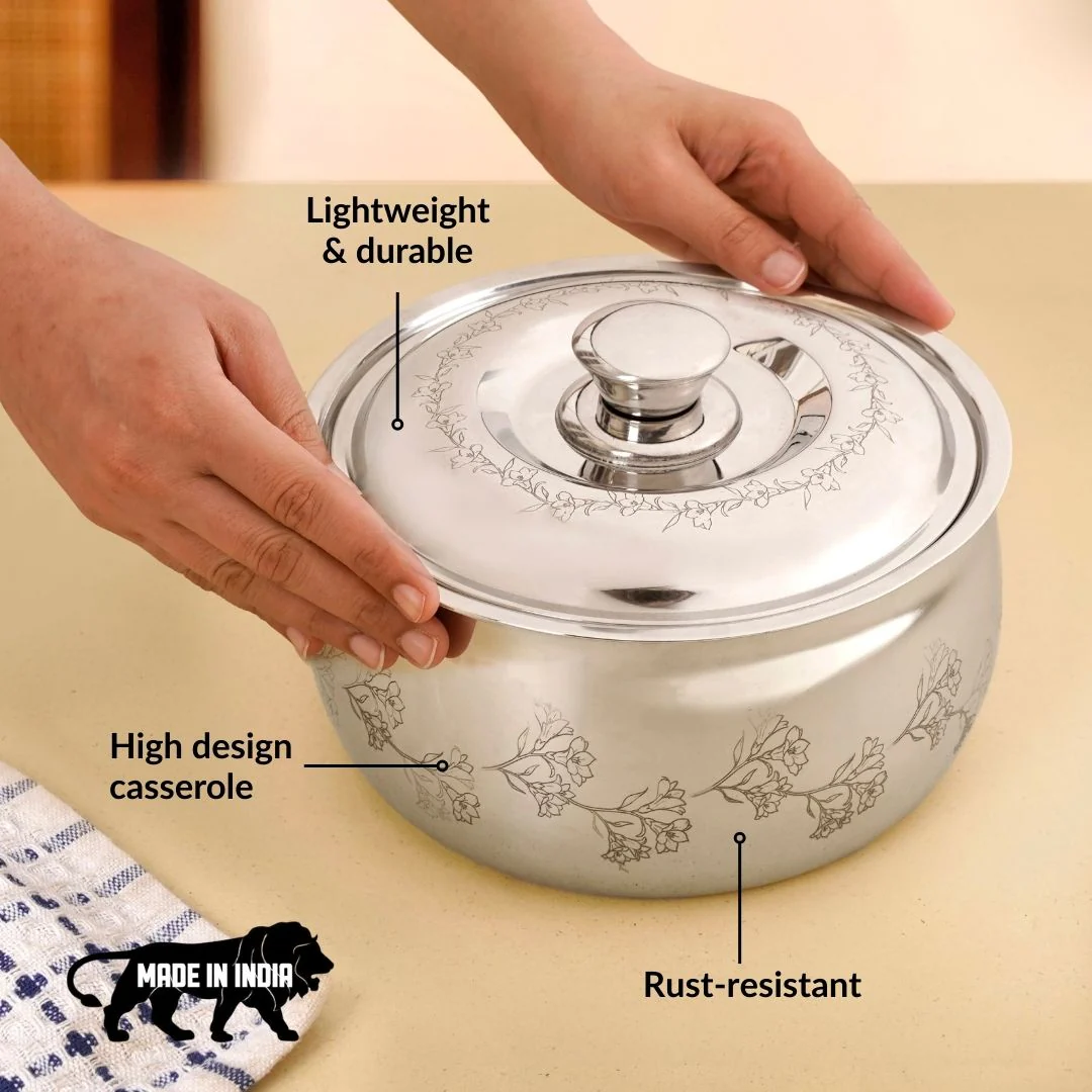 Engraved Floral Stainless Steel Hot Pot Casserole 1500ml - Image 3
