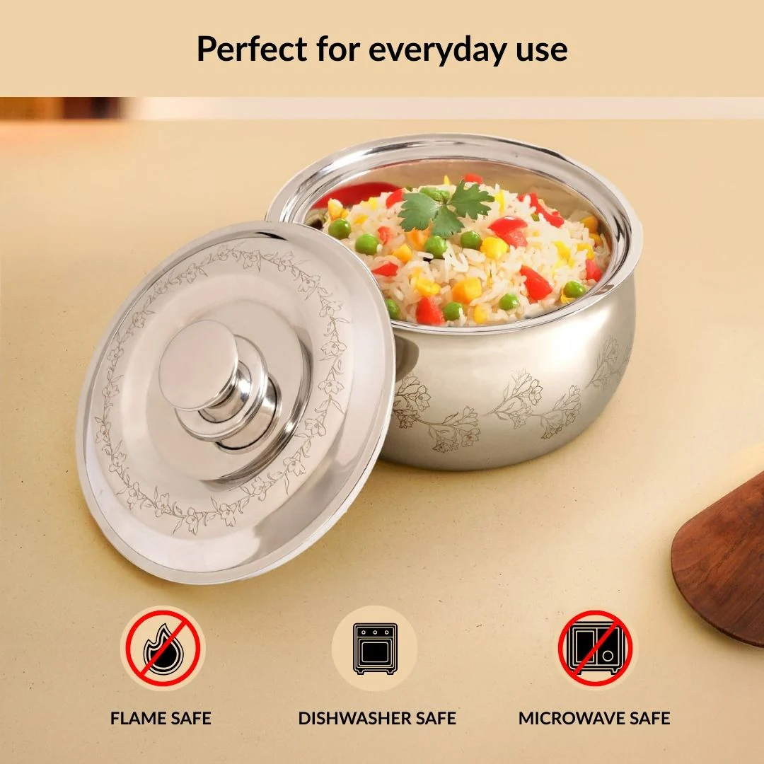 Engraved Floral Stainless Steel Hot Pot Casserole 1500ml - Image 8