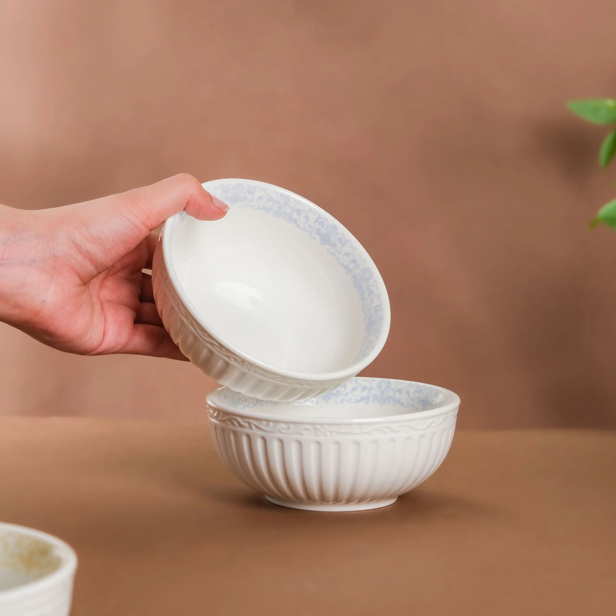 Engraved Rim Ceramic Snack Bowl Blue Set Of 2 - Image 2