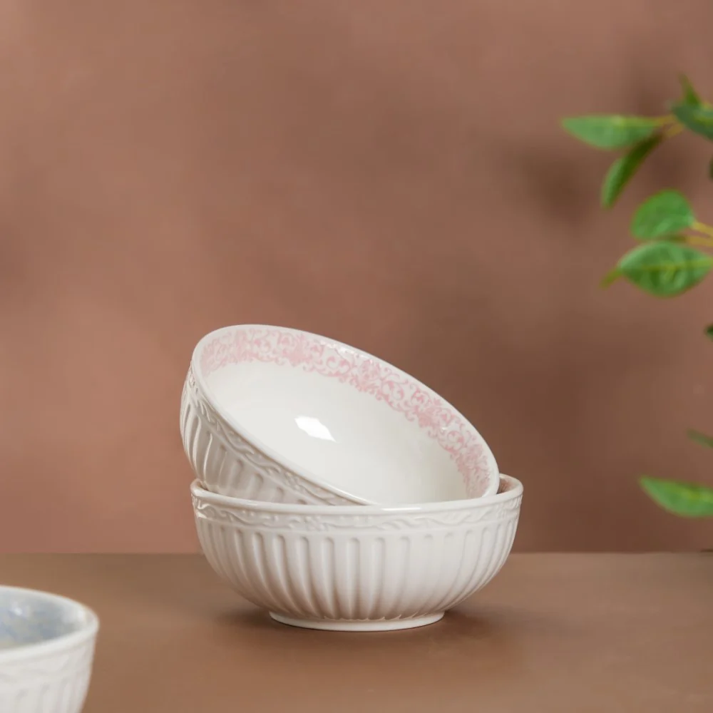 Engraved Rim Ceramic Snack Bowl Pink Set Of 2 - Image 3