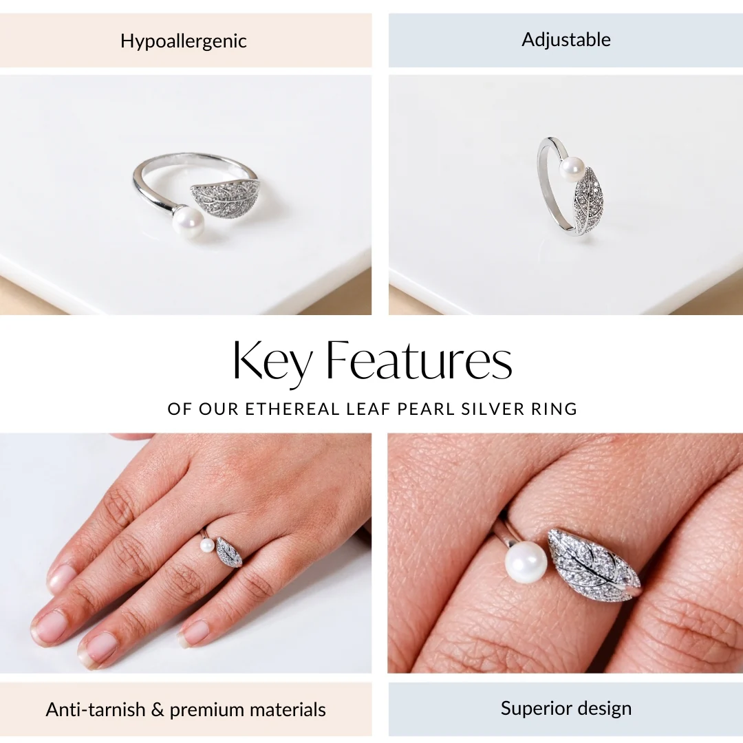 Ethereal Leaf Pearl Silver Ring - Image 4